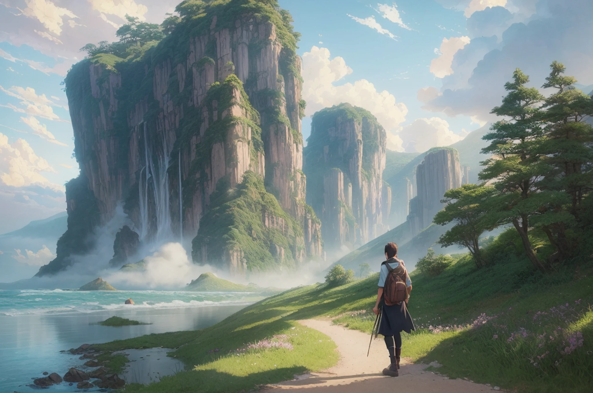 Landscape painting, digital art, lasso tool, large brushstrokes, photoshop brush, environment concept art, by rossdraws, ghibli, art by greg rutkowski, a detailed matte painting by makoto shinkai, anime lens flare --auto --s2