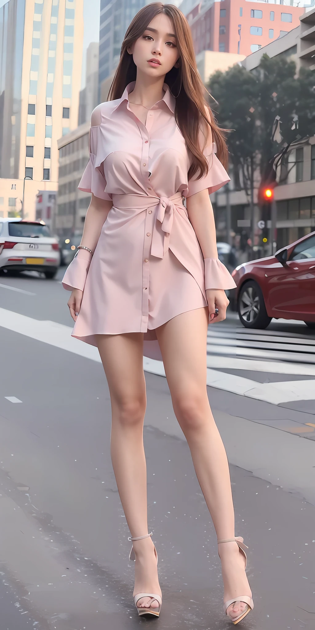 mix4, 20d, solo, long_hair, shirt, dress, high_heels, full_body, look_at_viewer, (8k, RAW photo, best quality, mastery:1.2), (realistic, photo-realistic:1.37), professional lighting, photon mapping, light energy transfer, physically based rendering,