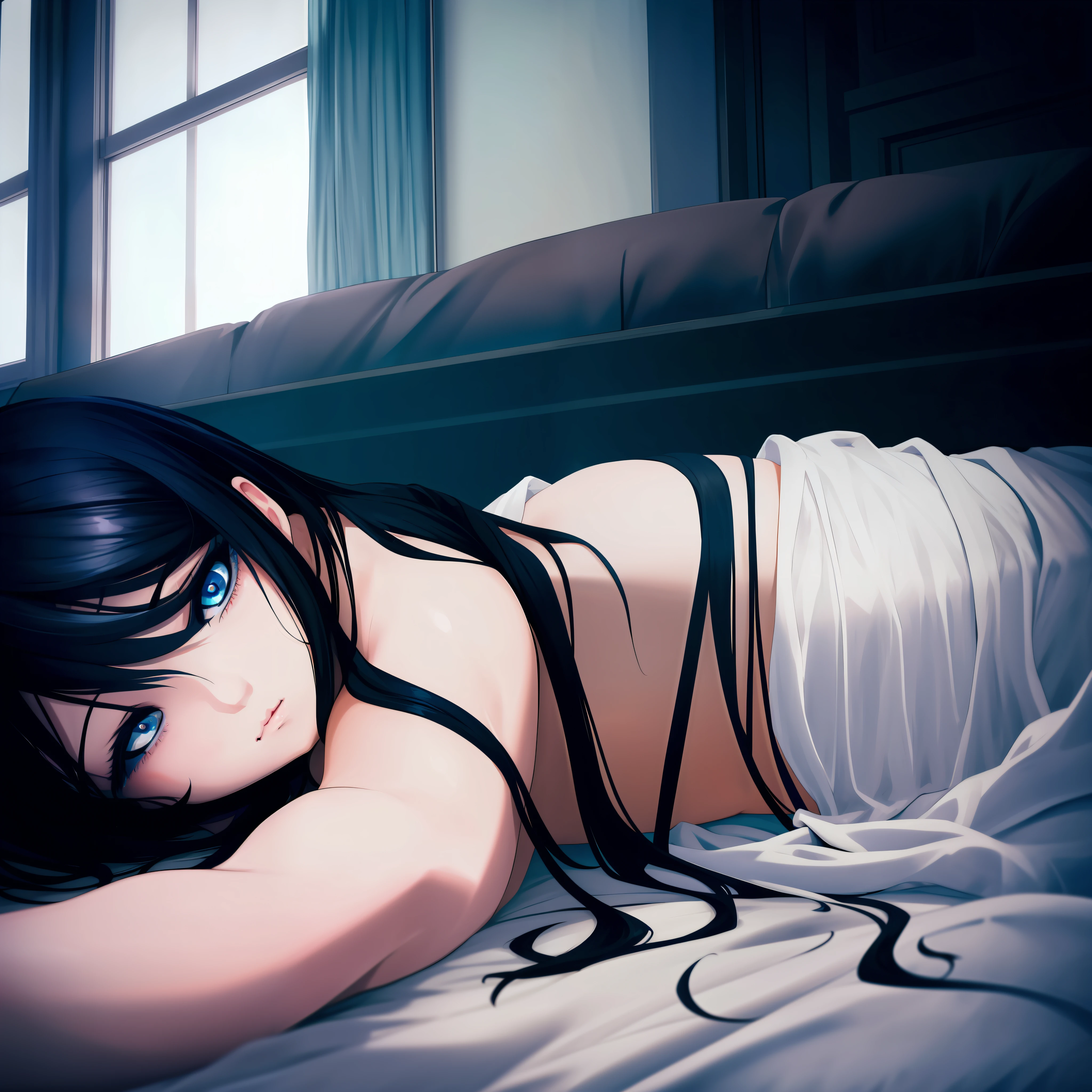 Blue-eyed girl with long, black hair, in lingerie, lying on the bed with light on her body coming in through the window.