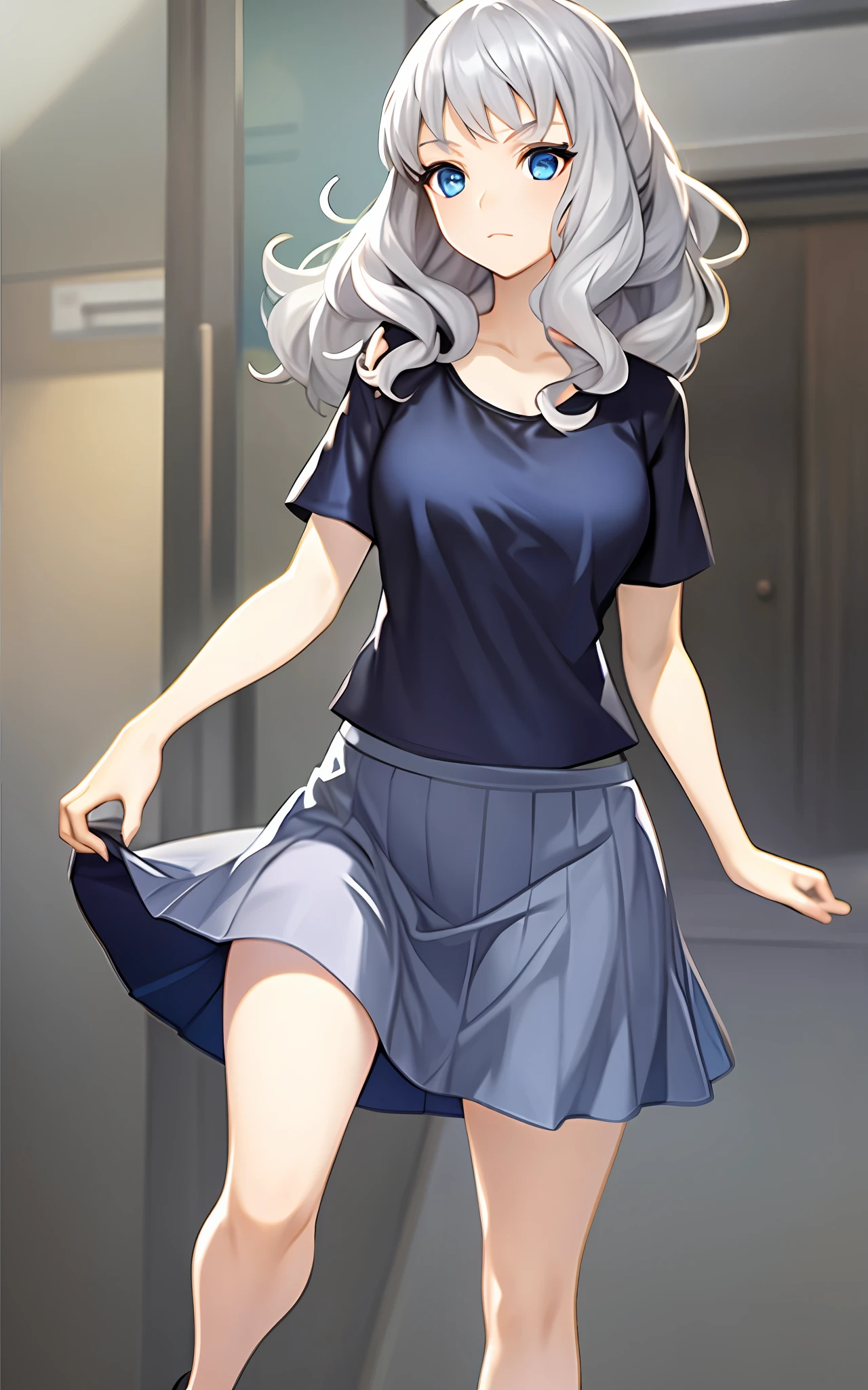 Girl, Solo, Skirt Comb, Bink Panties, Casual Clothes, Transparent Bra, Silver Hair, Blue Eyes, Wavy Hair, Long Skirt, College Student, Floral Camisole