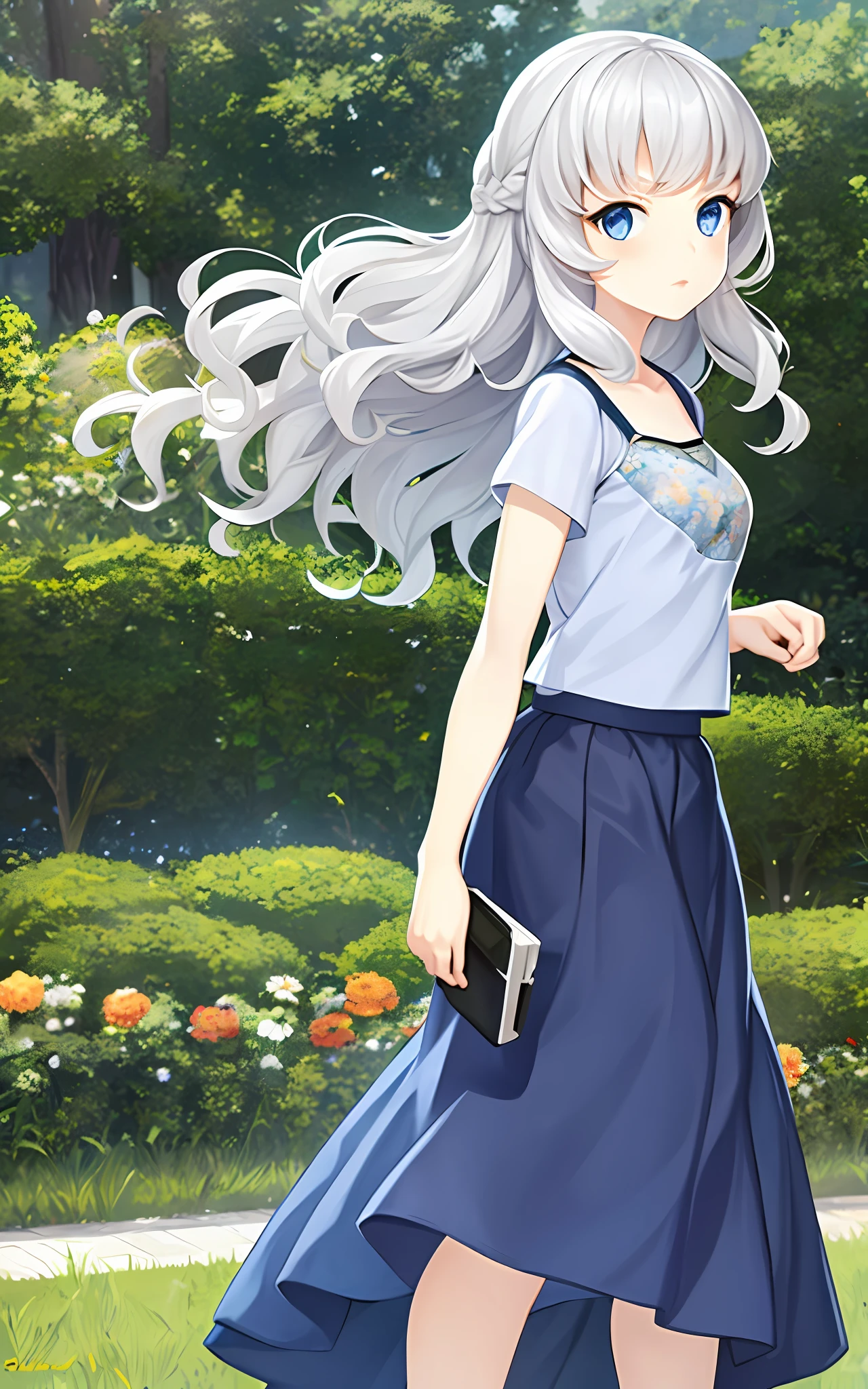 Girl, Solo, Skirt Comb, Bink Panties, Casual Clothes, Transparent Bra, Silver Hair, Blue Eyes, Wavy Hair, Long Skirt, College Student, Floral Camisole