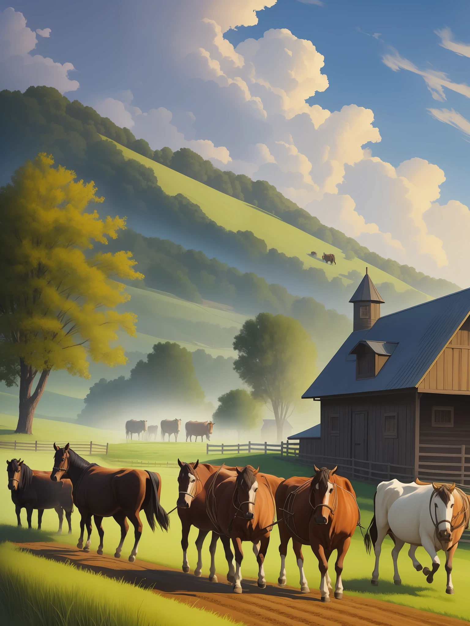 Step into the world of agriculture and rural life with an enchanting artwork that portrays the strength and elegance of horses and oxen. The graphic showcases a farm scene, with horses galloping freely and oxen plowing the fields. The artwork's detailed and realistic style brings these magnificent animals to life, capturing their power and grace. Experience the symbiotic relationship between humans, horses, and oxen in this captivating farm-inspired depiction. Ground view, enclosed in square, T-shirt design graphic, vector, on white background, no text, no logo.