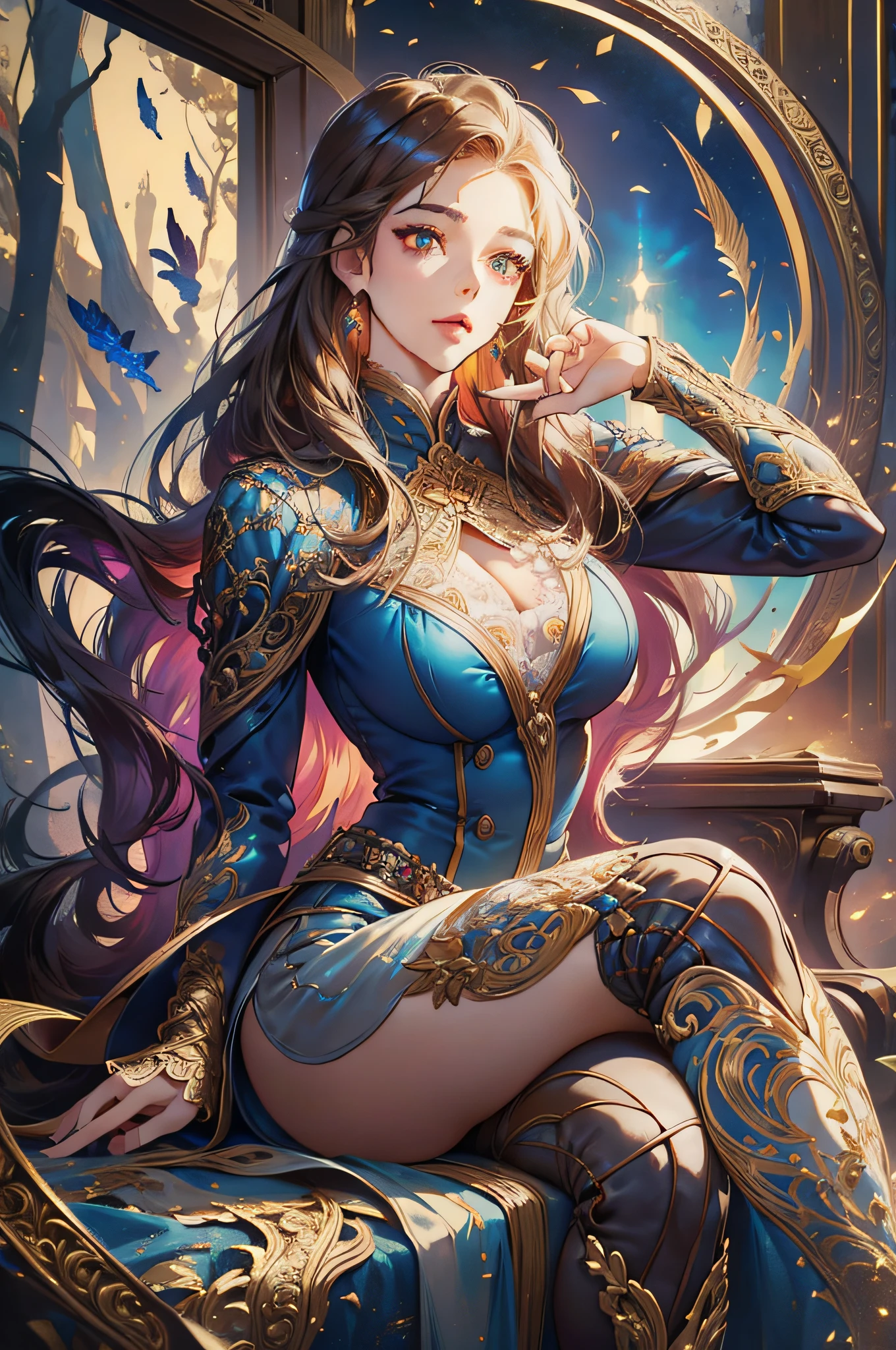 A beautiful girl, 22 years old, sexy theme, perfect face shape, oversize model, mature woman, tall long legs, (((super huge breasts))), (((glazed pupils))), magical feeling, flight attendant style, flight attendant style clothing, long messy hair, happy, full body, hand details, finger details, beautiful anime Huaifu style girl, super detailed painting, luminescism, art concept art by Kahn Griffith and Vadim Kashin, ethereal A beautiful maiden sitting in cabin background, abstract beauty, standing, close to perfection, pure form, golden ratio, concept art, by Brian Froud, Carne Griffiths, Wadim Kashin and John William Waterhouse, intricate detail, 16k post-production, high resolution, hyperdetail, Artstation trend, sharp focus, studio photos, intricate detail, high detail,