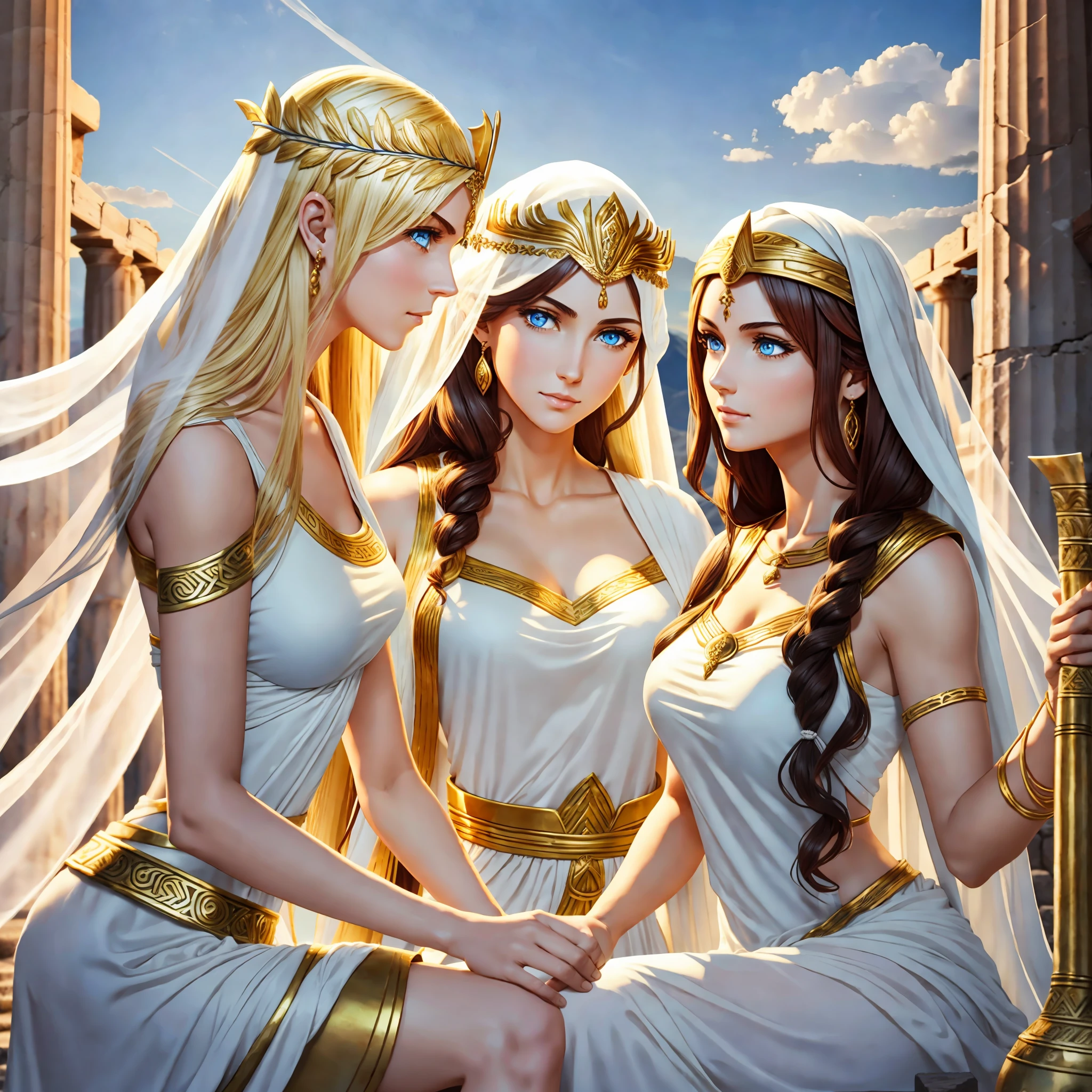 (three close goddesses) are chatting happily in an ancient Greek temple, "the first is goddess of wild nature and hunting, with (((blonde hair))) and (((blue eyes))), is fair-skinned, is tall and slender, shows off her pair of perfect long legs, wears a  (very short: 1.7) , (white:1.5),  sleeveless greek chiton and a golden circlet without veil", "the second is goddess of war and wisdom, with ((black hair)) and ((gray eyes)), is fair-skinned, is tall and muscled, wears ((golden armor and corinthian helmet))", "the third is goddess of hearth and fire, with ((dark red hair)) and ((dark red eyes)), is fair-skinned, wears a  long white sleeveless greek toga and a veil", Greek mythology, mythological atmosphere, photorealistic, super high quality, super detail, super hand description, masterpiece, 8K, HDR