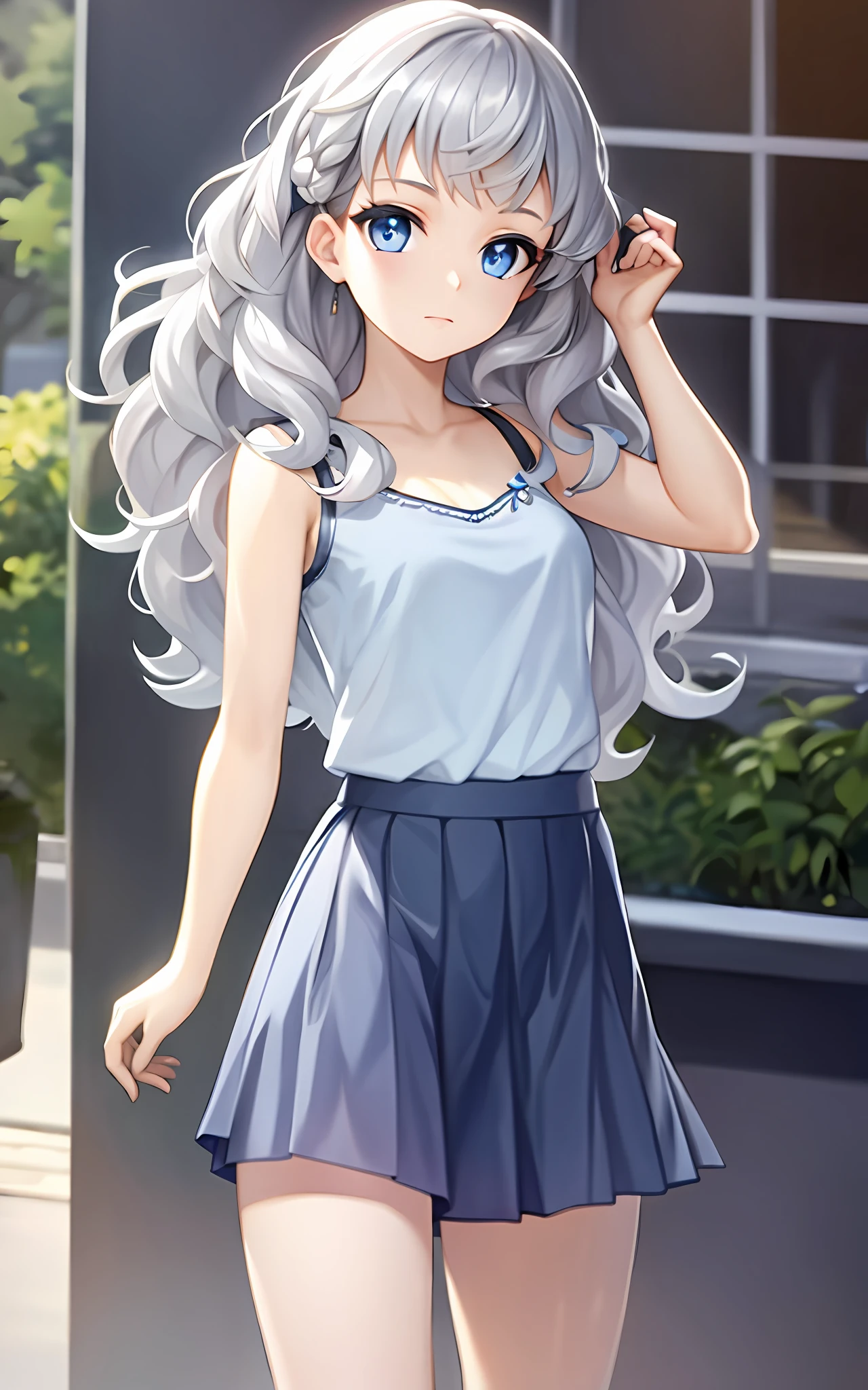 Girl, Solo, Skirt Comb, Bink Panties, Casual Clothes, Transparent Bra, Silver Hair, Blue Eyes, Wavy Hair, Long Skirt, College Student, Floral Camisole
