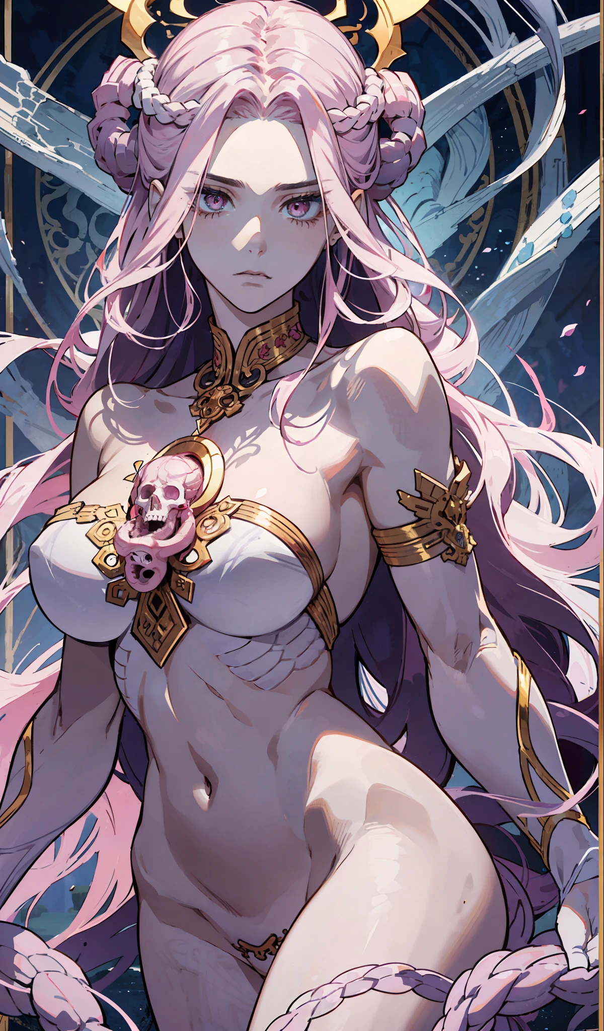 Medusa, hair composed of pink snakes, reddish white eyes, ultra-detailed sea surface, skulls in the reflection of her eyes, background of white stone statues of muscular and mature men, expression of anger and hatred, symbol of the feminine in the center, well-structured female body, golden jewels all over her body