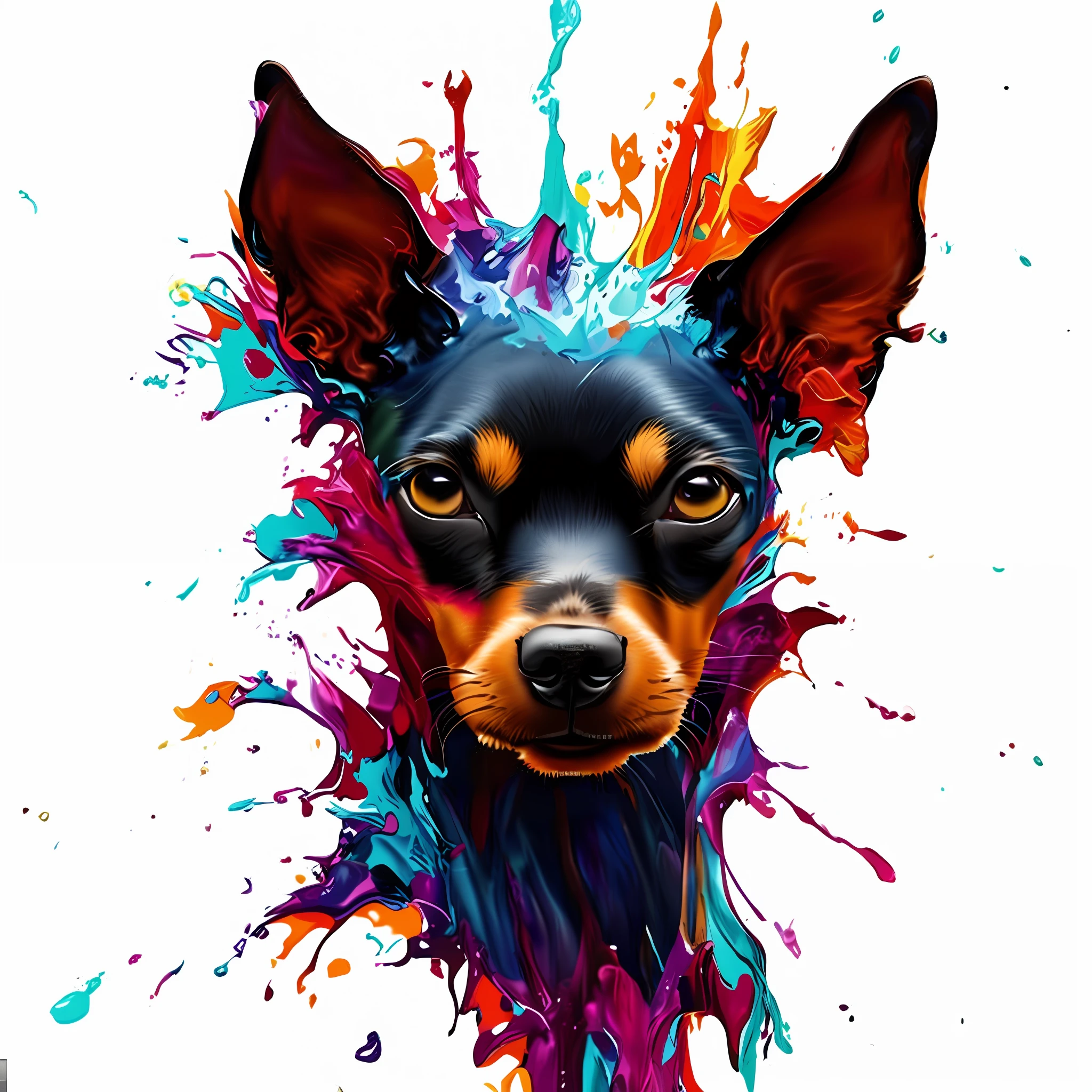 a painting of a dog Pinscher with splashes of colored paint on it, painted in bright watercolors, digital art animal photo, beautiful dog painting, animal painting, vibrant colors hyper realism, intricate and intense oil paint, full of colors and rich details, god had chihuahua dog head, art by alessandro pautasso, totally covered in colored paint, intense painting