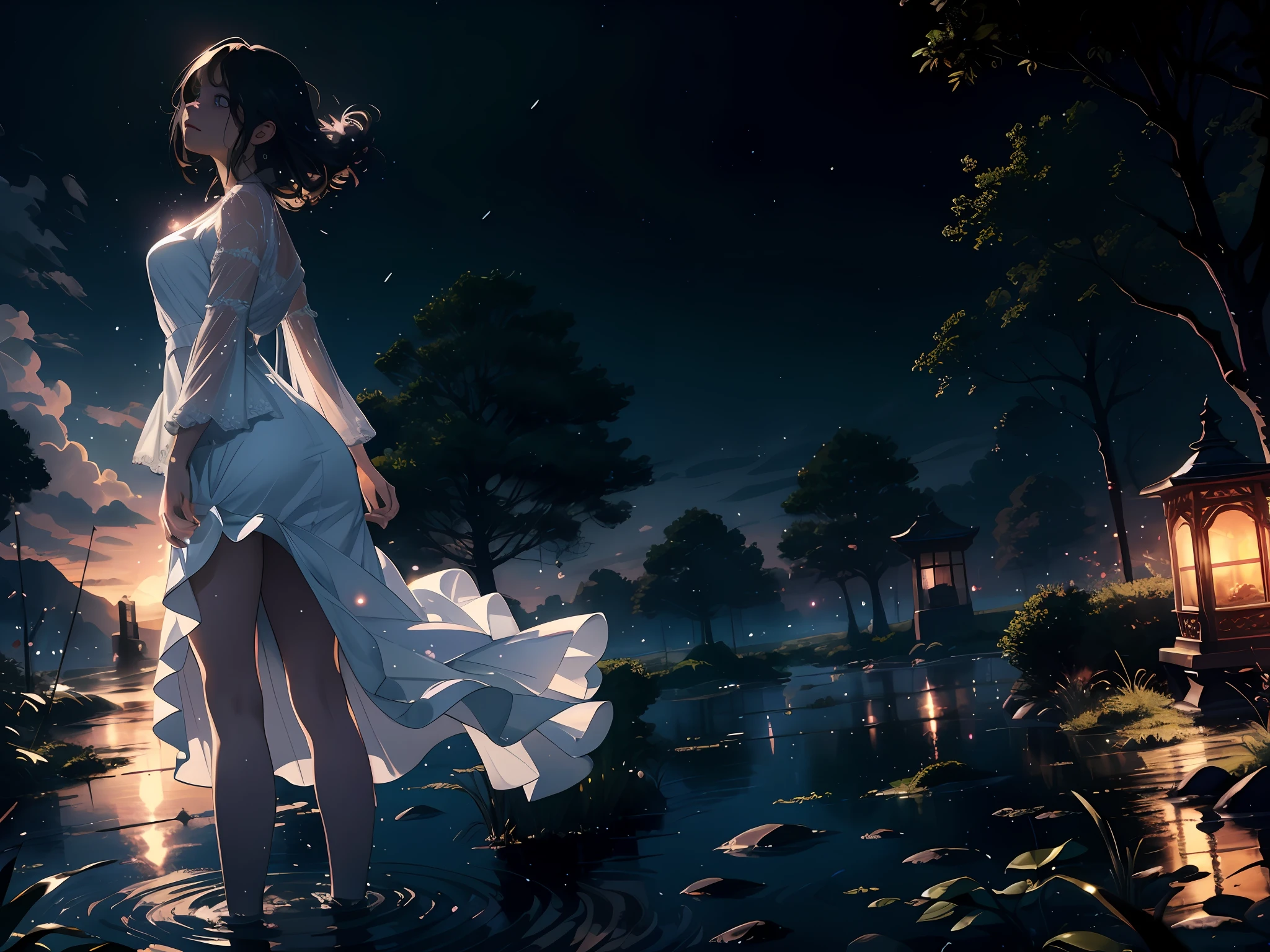 (masterpiece), (best quality), (ultra-detailed), (masterpiece),(highly detailed:1.2),scenery,soft lighting,shiny skin, extremely detailed cg,anime picture,high resolution, ray tracing,1 mature woman,white dress,dancing,looking at sky,wind blowing upwards,luminous effect,transparent beauty, sparkling effect,rain,wet,fog, reflection effect,night sky,westland,crying,full body,1color eye