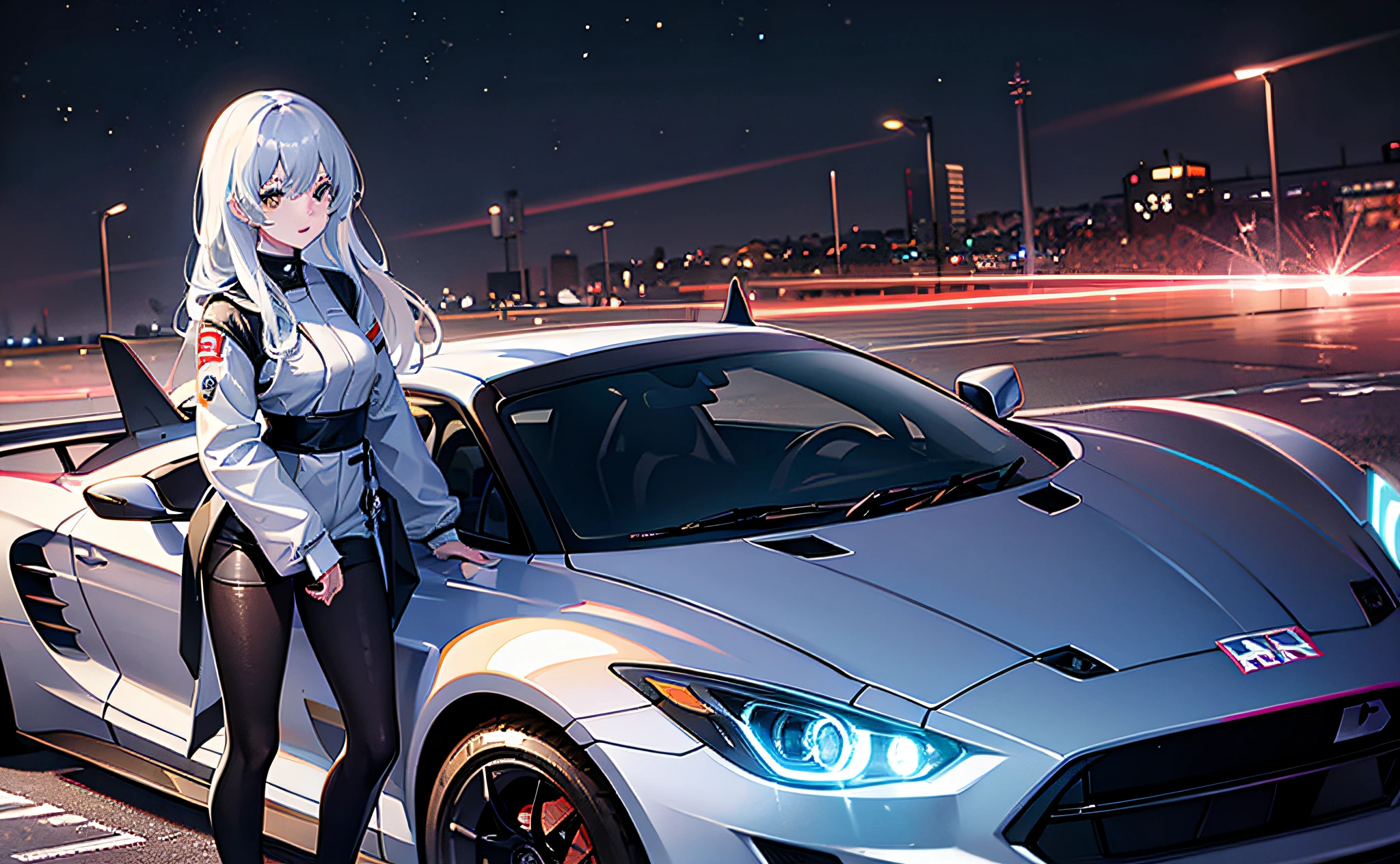 afternoon, 1 girl standing by car, cars, space suit, black car, clean spoiler, very detailed, glowing lights, cool car, cool car, rocket bunny, japan, jdm, car under glow, race track, (center frame), hires,