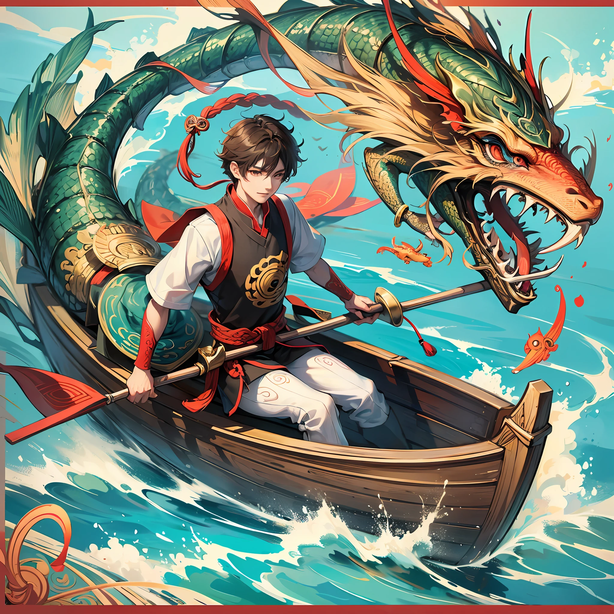 Poster design, (SFW), rowing boy, Chinese dragon, dragon boat, happy, background is interspersed with small river with Chinese characteristics, perfect quality, clear focus, colorful, perfect face, intricate details, ultra-low viewing angle, wide angle lens --auto --s2