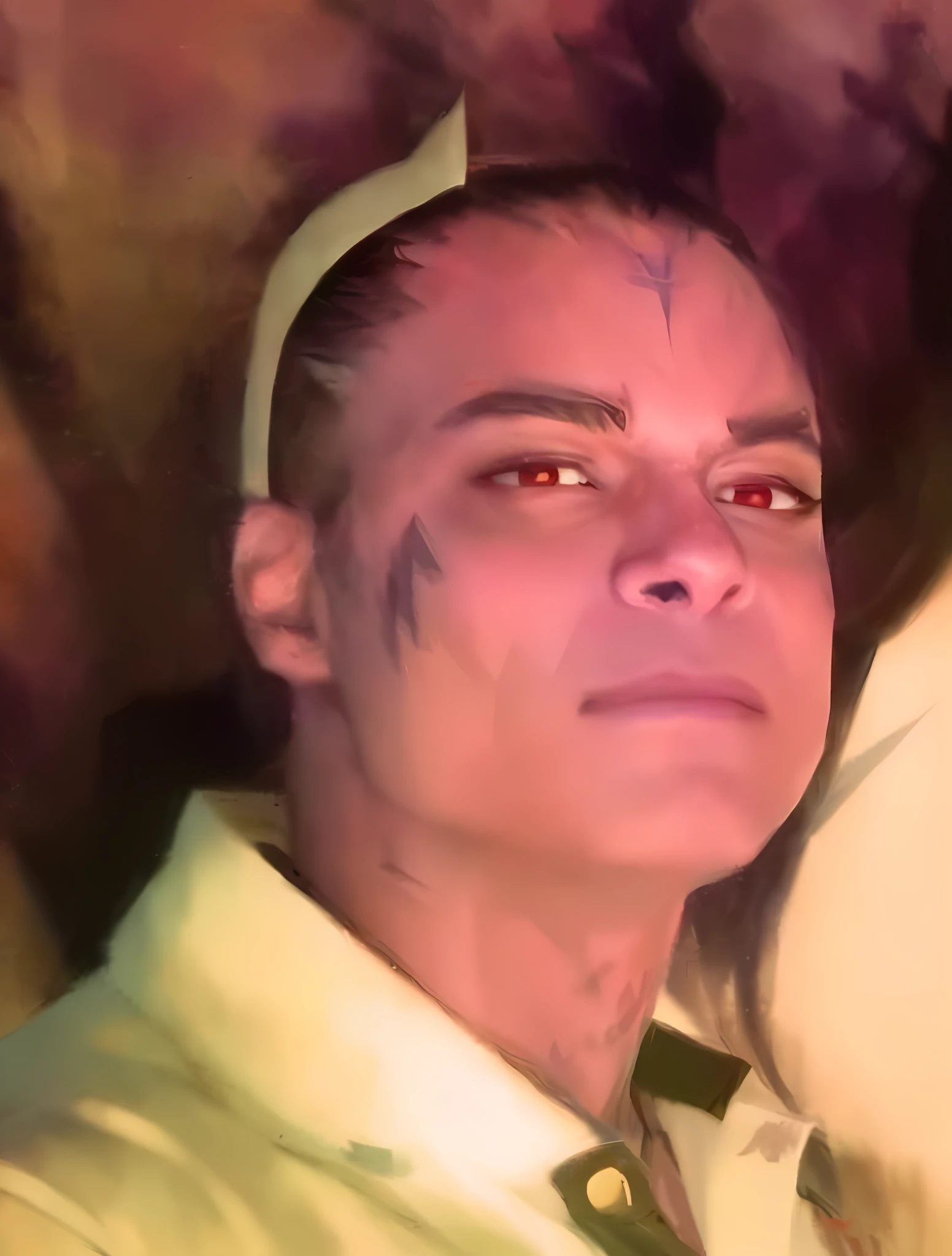 Scar, tattoo, anime, red eyes.