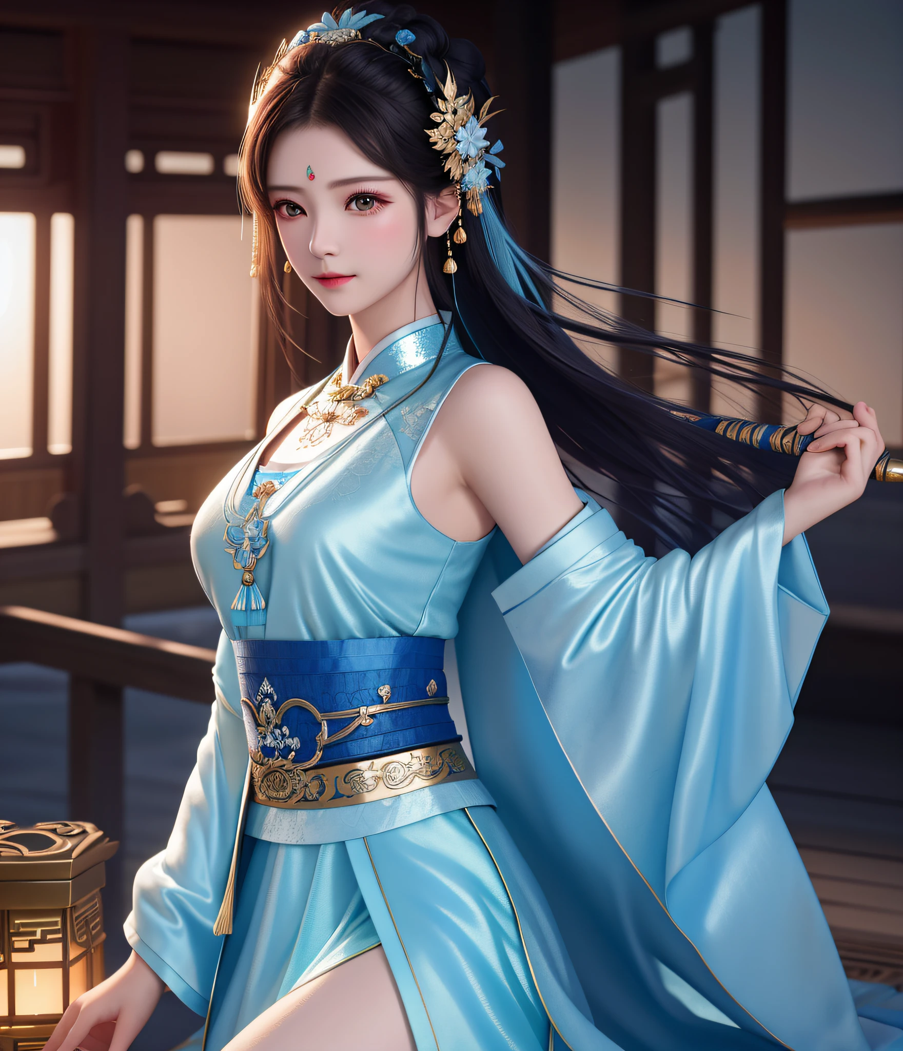 best quality, masterpiece, high resolution, 1girl, chinese hanfu, ancient battlefield, metal collar, hair accessory, necklace, jewelry, beautiful face, upon_body, tyndall effect, realistic, dark studio, edge lighting, duotone lighting, (high detail skin:1.2), 8k ultra hd, dslr camera, soft lighting, high quality, volumetric lighting, frank, photos, high resolution, 4k, 8k, bokeh, powder blue bikini, metallic, tight, yarn, weapon