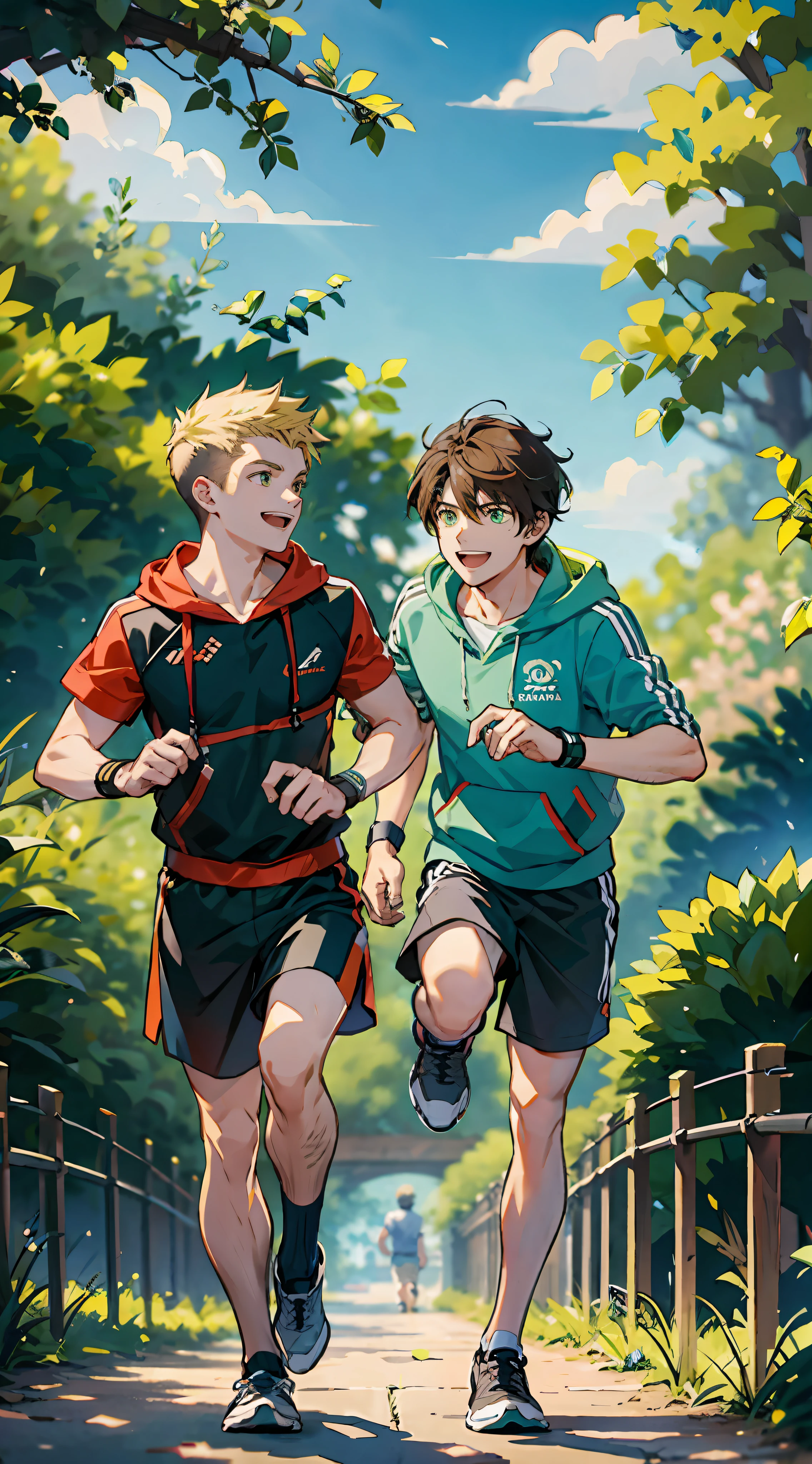 masterpiece, Top quality, (two men running together), Young adult, Tone, Handsome, From the side, Medium length hair with green eyes,Intricate details, Casual attire, Extra large hood, Shorts, Running shoes, Intricate patterns, Best light and shadow, Park background, Running, Mottled day, depth of field, Plants, Summer, Colorful, Artic, depth of field, smile, Close your mouth