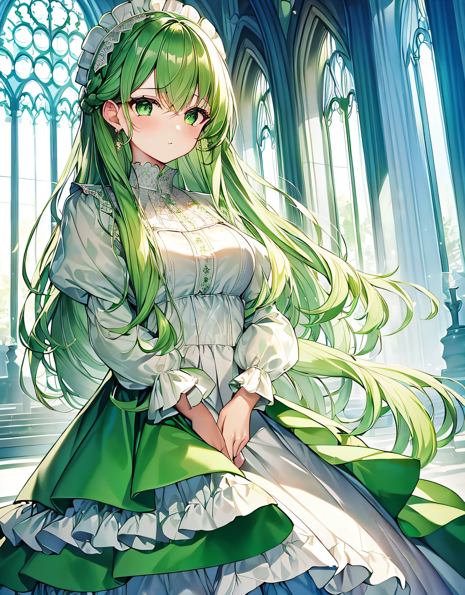((top quality, masterpiece)), green dress and beautiful pleated lace complement each other, white ruffled dress, leggings, church with light, emerald green hair, long hair, long eyelashes, green eyes, one person