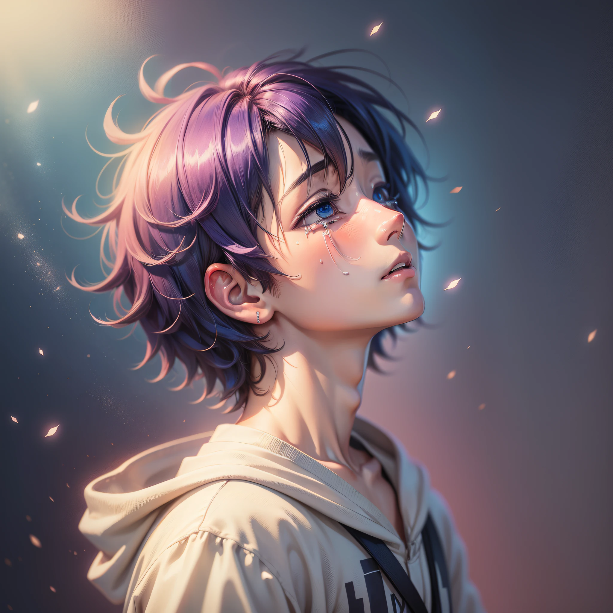 (anime boy), crying looking up, euphoric colorful background, naive and hopeful, (depressed environment), 16k, (dust:%50|particles:%50), straight wall behind.