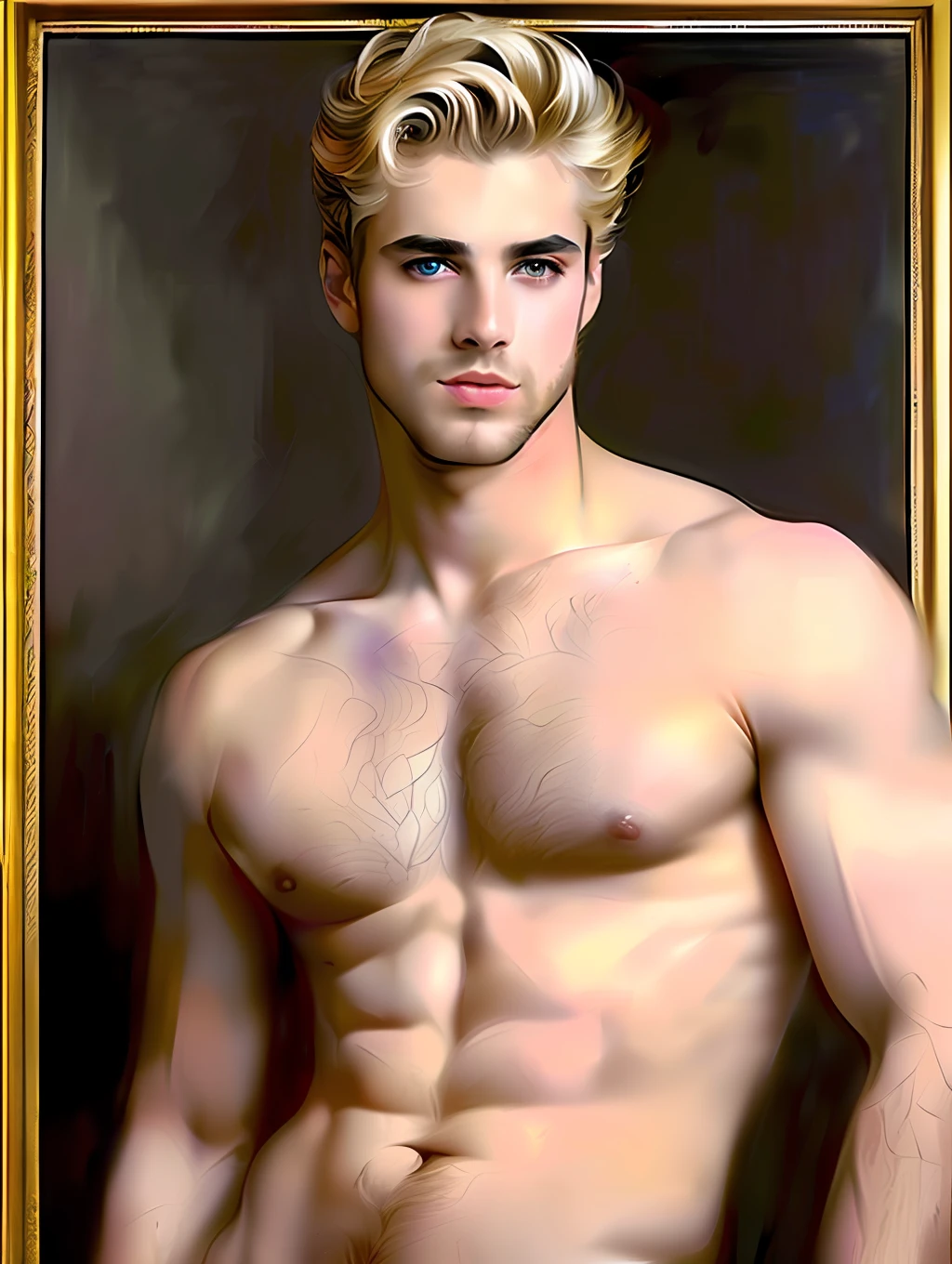 A painted portrait of a fitted Apollo, God of beauty, greek god, greek male beauty, blonde hair, big expressive eyes, big lips, golden skin, handsome male, young, insanely handsome, upper body, muscular, hairy torso, fantasy, intricate, elegant, highly detailed, digital painting, art station, concept art, soft, sharp focus, illustration, art by John Singer Sargent