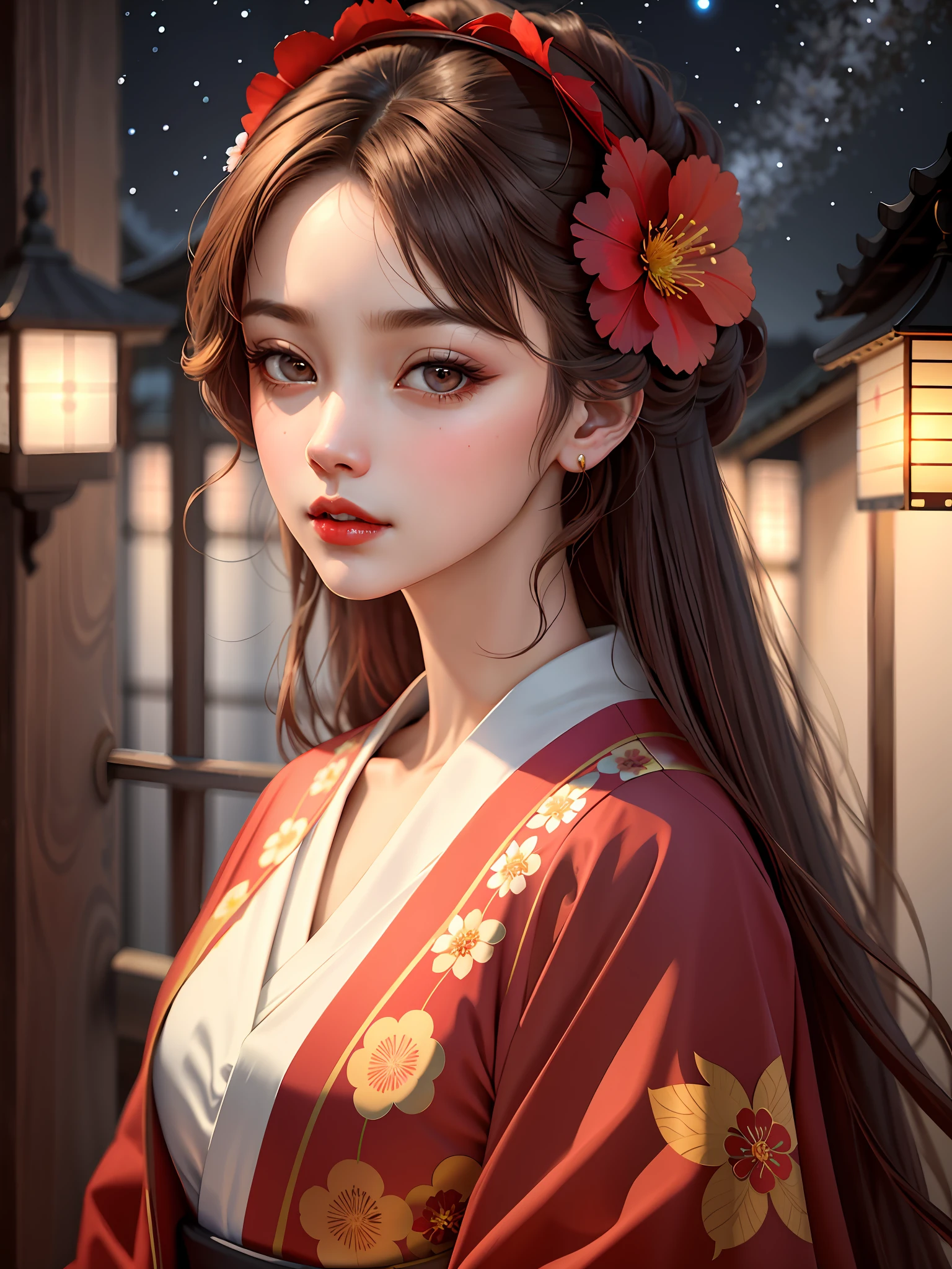 masterpiece,best quality,absurdres,original,extremely delicate and beautiful,beautiful detailed eyes and face,1girl, brown_hair, flower,kimono japanese_clothes, at starrynight, close mouth, looking_at_viewer, straight-on, red_flower, solo,red lips,(masterpiece:1.4),(best quality:1.4)