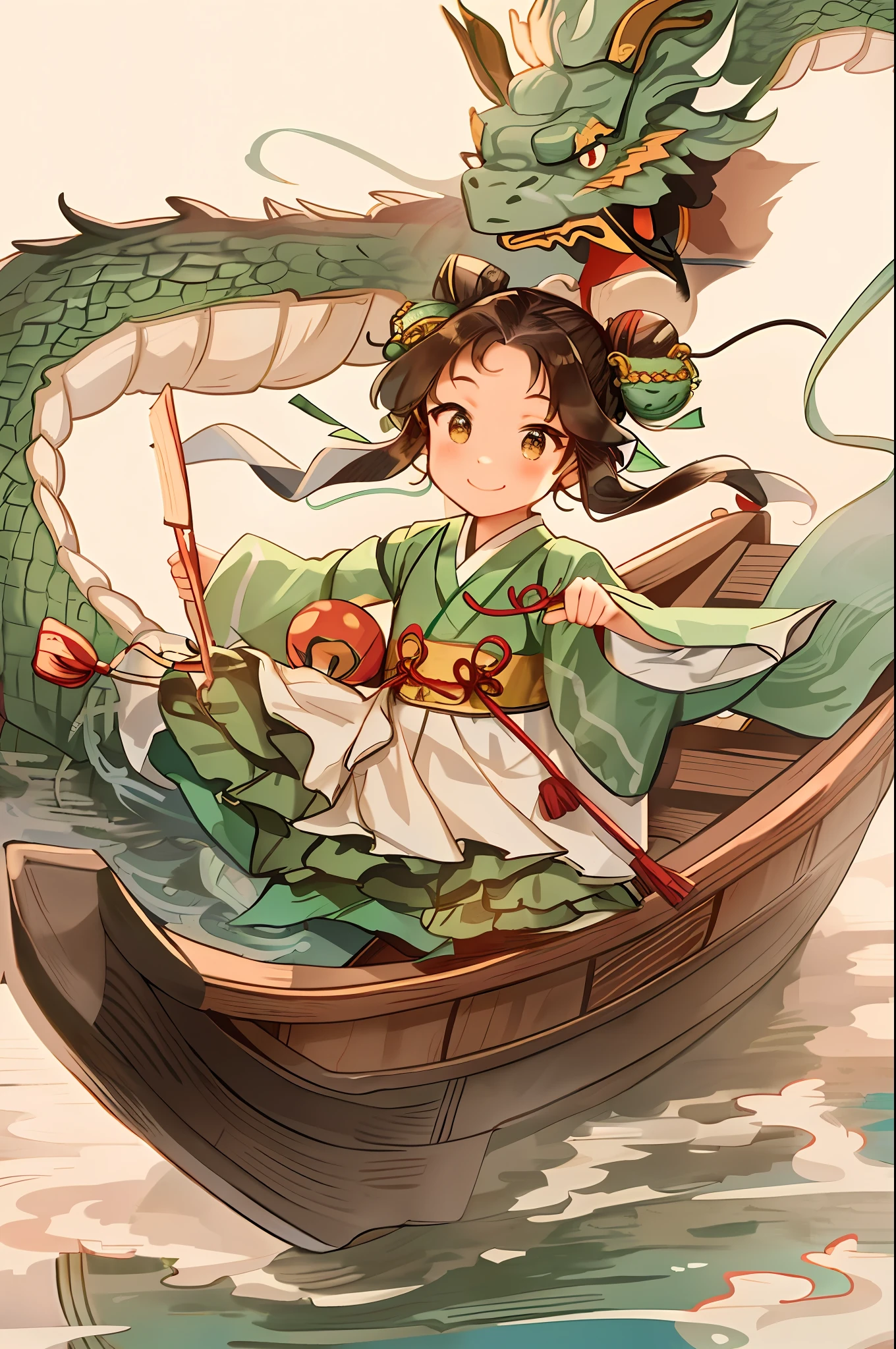 A cute little girl in Hanfu rowing a wooden boat, with a wooden dragon head at the bow and a huge green dragon behind her, bun, messy hair, ridiculous long hair, ribbons, bells, jewelry, hair buns, hairpins, hairbells, veils, water-colored eyes, full blush, beautiful and delicate brown eyes, beautiful and delicate loose Hanfu, beautiful Chinese long sleeves, blue and green, flowing silk, smiles, giving the artwork an ethereal and dreamy quality. It adds the peaceful atmosphere of the Song Dynasty painter Zhao Ji, and the image is modeled after the famous painting Xiangruihe painting, blue and blue, giving the viewer a calm and quiet feeling, Chinese gongbi painting.
