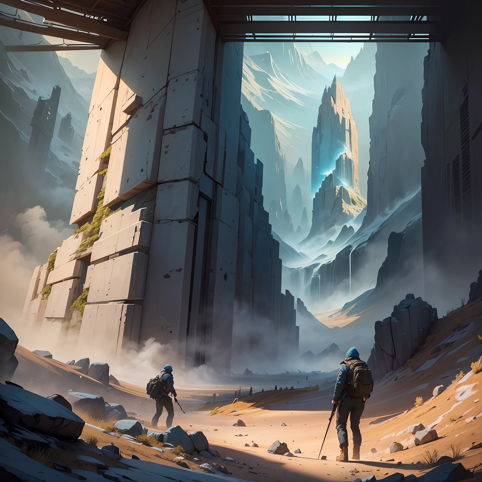 A couple of people standing in front of a building in a desert - SeaArt AI