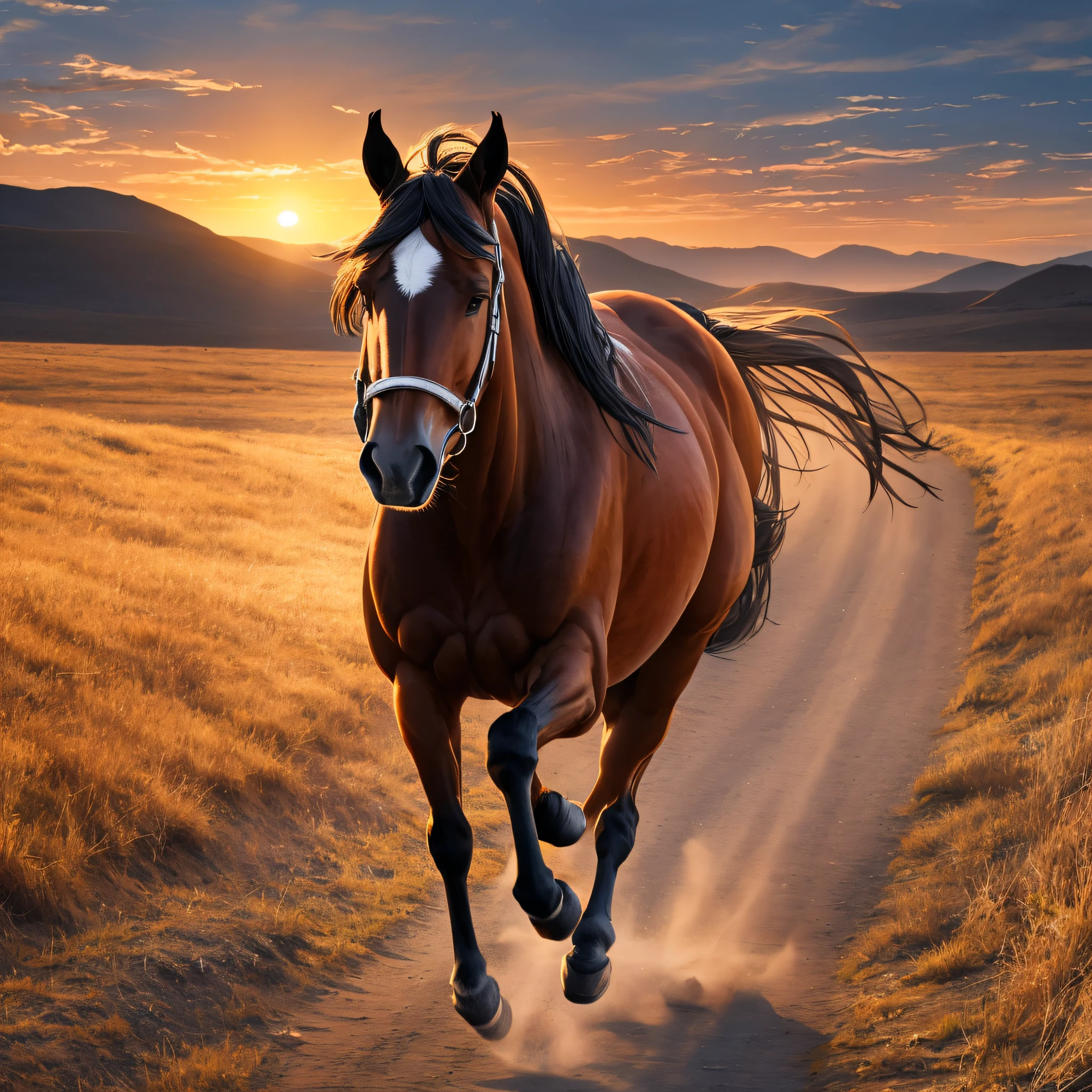 Create an image of a lone horse running towards the sunset --auto --s2