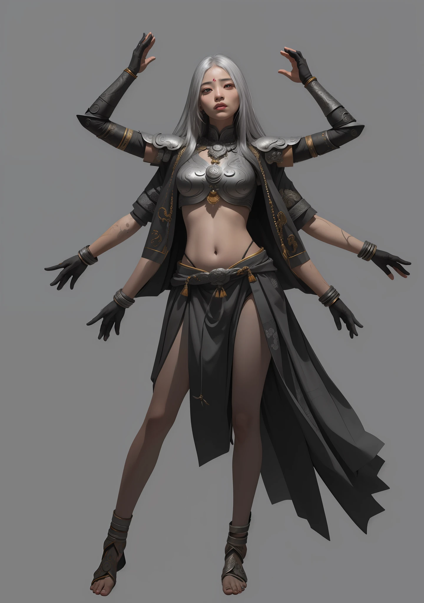 Asura Goddess, Buddhist elements, detailed face and eyes, silver long hair, full body, Japanese armor, rich details, gorgeous patterns, shabby fabric, barefoot, realistic, photo, masterpiece, realism, high contrast, realistic digital art trends in Artstation 8k HD HD details realistic, detailed, skin texture, super detailed, realistic skin texture, armature, best quality, super high resolution, (realistic:1.4),, high resolution, detailed, original photo, sharp re, Lee Jeffries Nikon D850 Film Stock Photo 4 Kodak Portra 400 Camera F1.6 Lens Rich Colors Ultra-realistic textures Dramatic lighting Unreal Engine Trends on the Art Station Movie Still 800