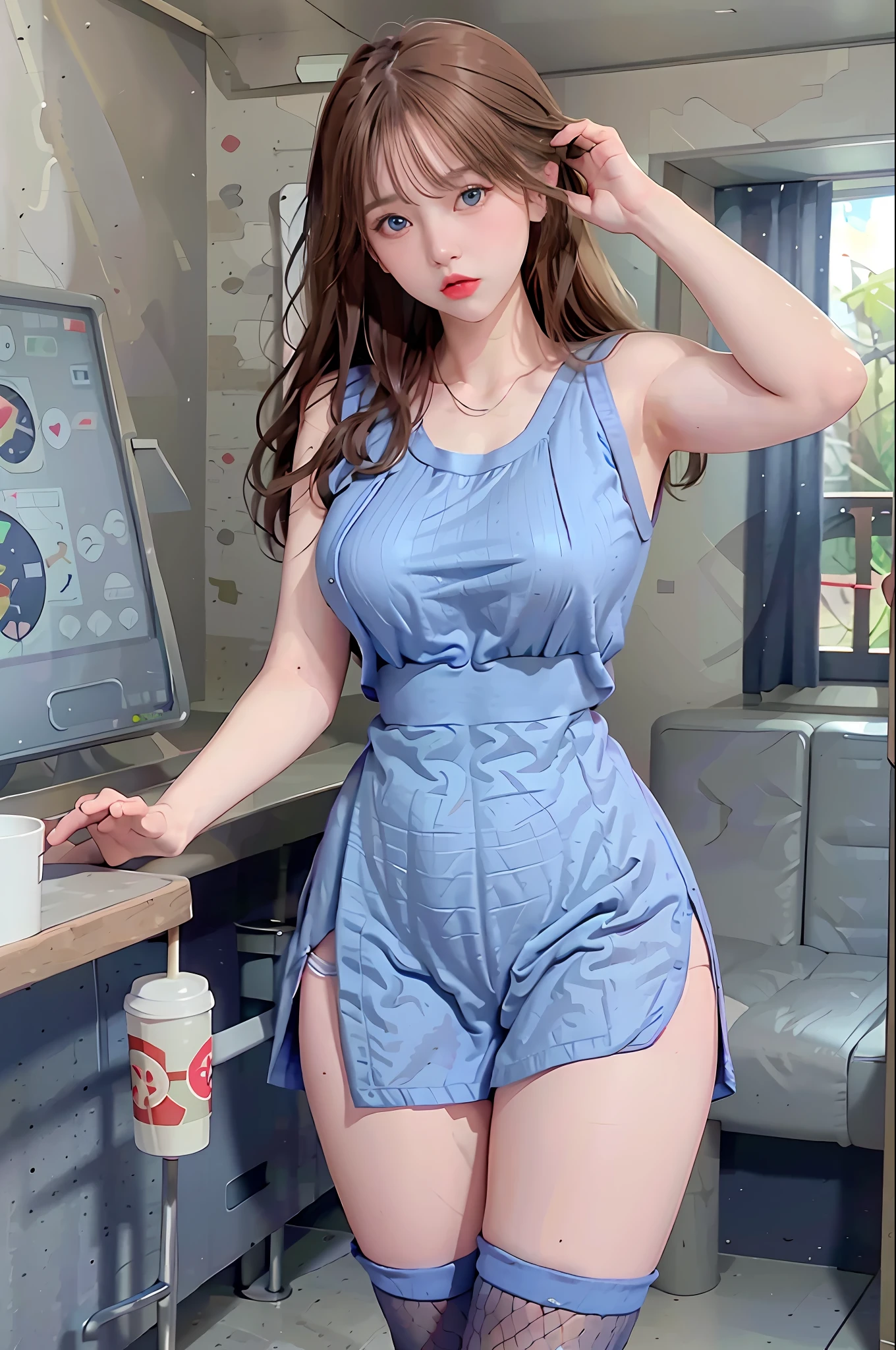 realistic, high resolution, 1 girl, , korean, blue eyes, suspenders, tank top, belly pocket, short skirt, shorts, stockings, fishnet socks, thick thighs