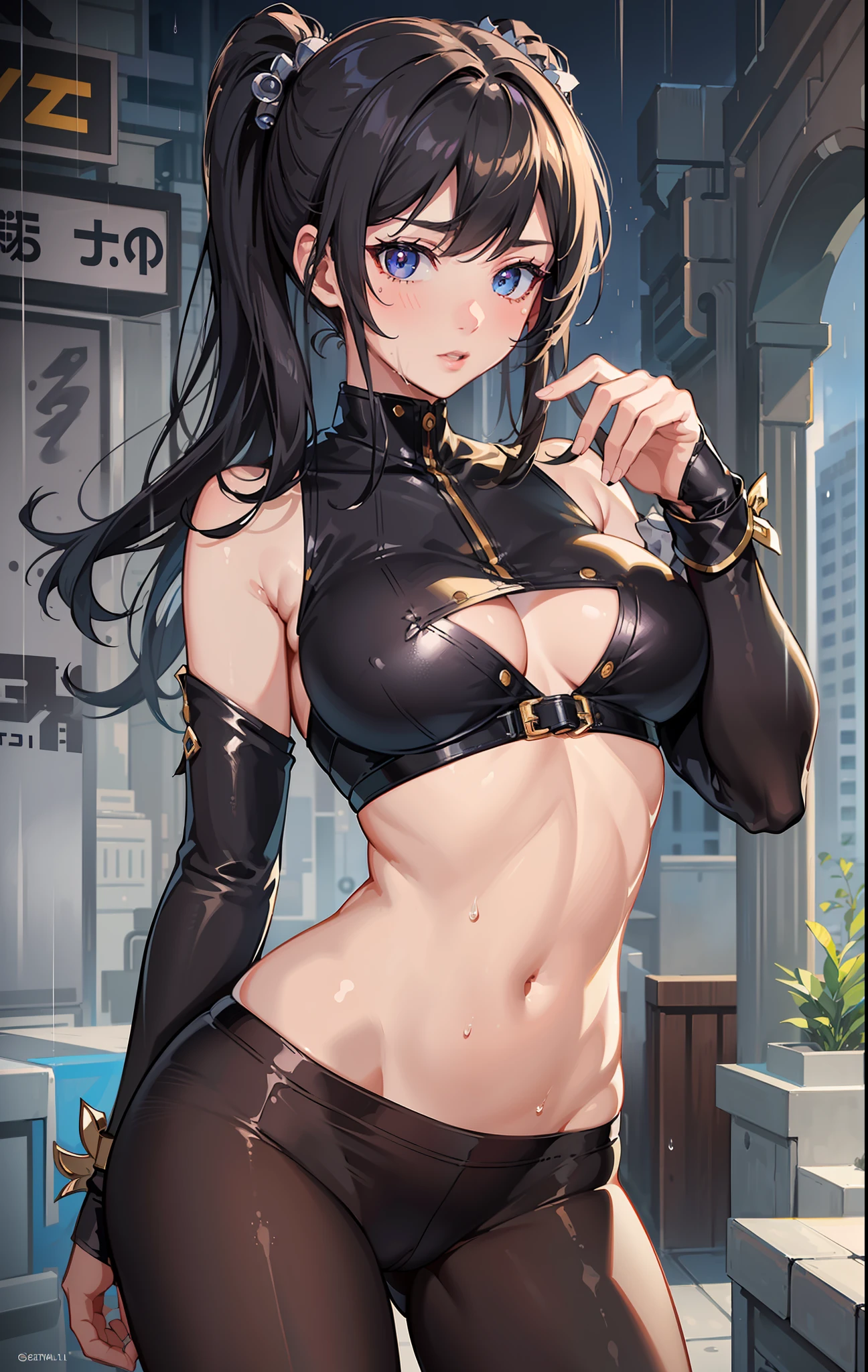((Best Quality, 8K, Masterpiece: 1.3)), Sharp Focus: 1.2, Beautiful Woman with Perfect Figure: 1.4, Slim Belly: 1.2, ((Layered Hairstyle, Room: 1.2)), (No Bra) (Large and Beautiful Hard) (Thin and Wet Buttons Up to Shirt Length: 1.1), (Tights Wet by Rain), (Rain, Street: 1.2), Wet Body: 1.1, Highly Detailed Face and Skin Texture, Detailed Eyes, Black Pantyhose, Double Eyelids, Sexy, CAOCOM' Chun Li