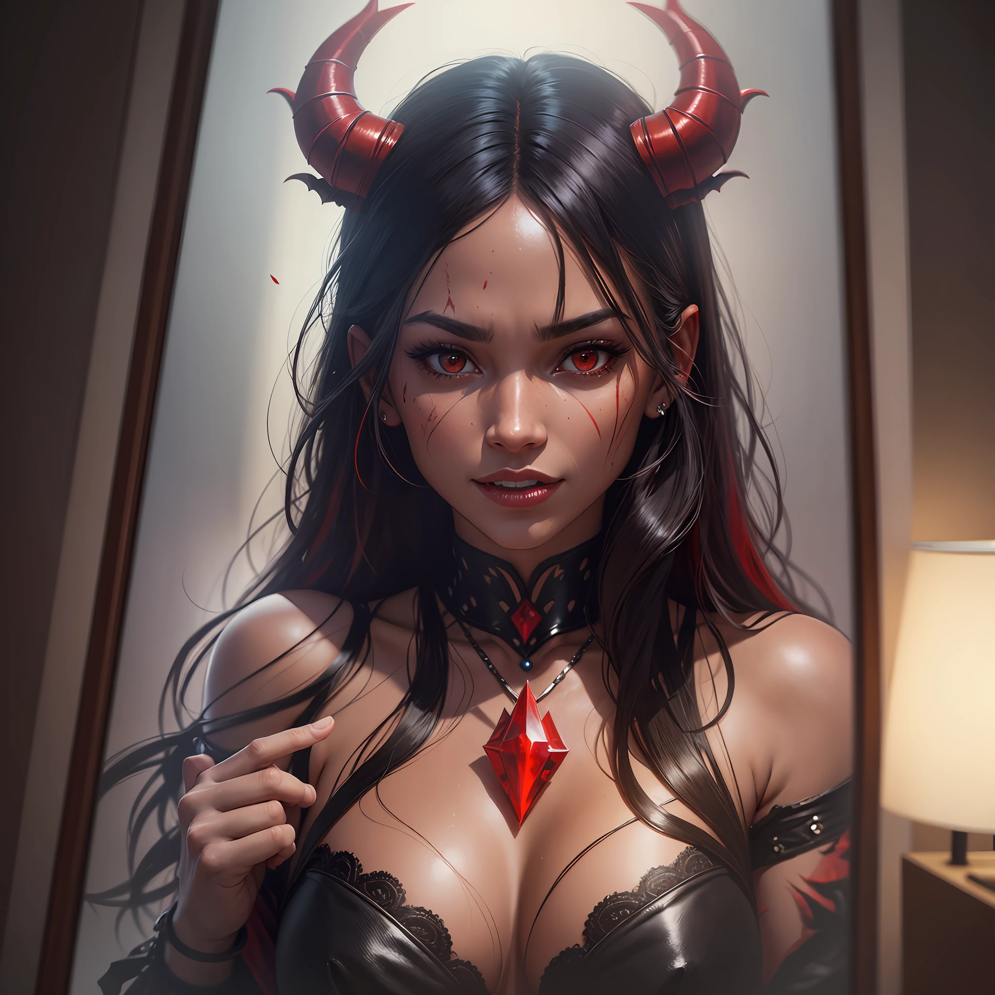 Style-Glass, award winning photo, masterpiece, highest quality, solo focus, woman, (red skin:1.3), demoness, (demon:1.3) breaking through a mirror, evil grin, by lee jeffries nikon d850 film stock photograph 4 kodak portra 400 camera f1.6 lens rich colors hyper realistic lifelike texture dramatic lighting unrealengine trending on artstation cinestill 800, --auto --s2