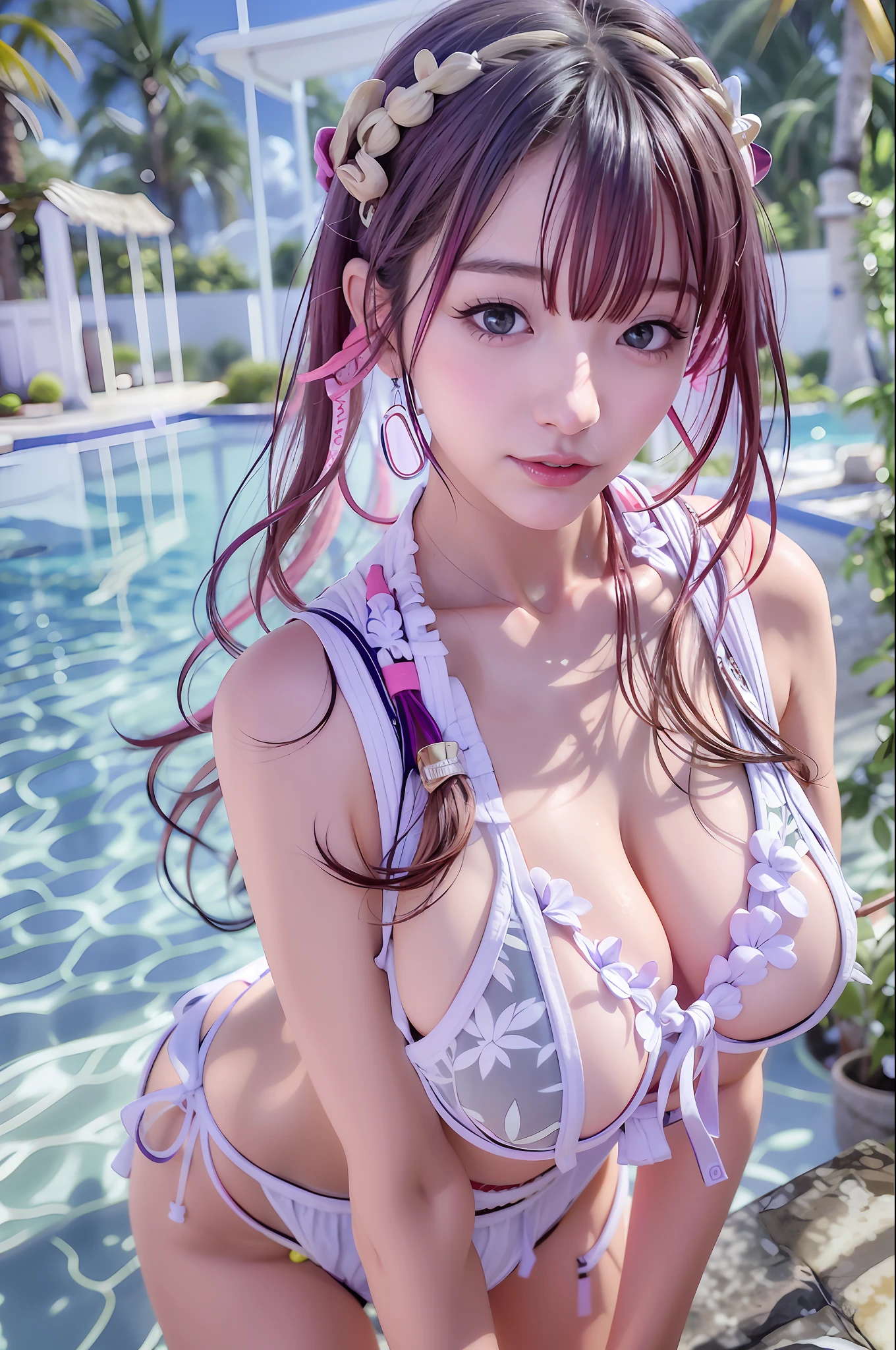 Close-up of a woman posing in a pool in a white bikini, Yoshitomo Nara, Japanese goddess, beautiful asian girl, sexy girl, young beautiful gravure idol, cute core, sakimichan, shikamimi, realistic young gravure idol, swimsuit, young sexy gravure idol, shining sunshine, asian girl, big breasts