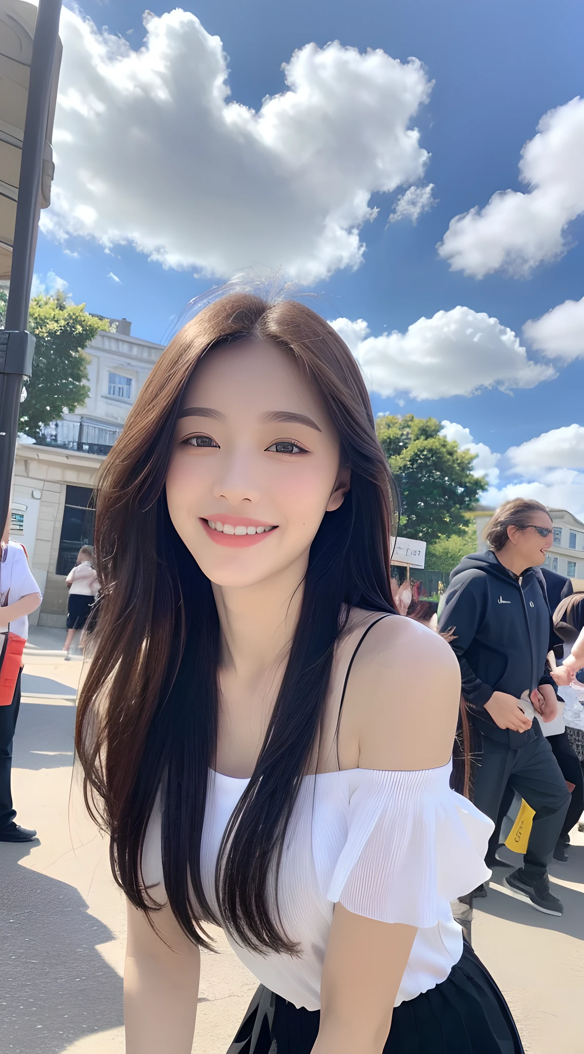 ((Best Quality, 8k, Masterpiece: 1.3)), Focus: 1.2, Perfect Body Beauty: 1.4, Buttocks: 1.2, ((Long Hair)), (Wet Clothes: 1.1) , (Rain, Street:1.3), Off-the-shoulder slip pleated skirt: 1.1, Highly detailed face and skin texture, Detailed eyes, Double eyelids, Whitened skin, Closed mouth smile, blue sky and white clouds against the background