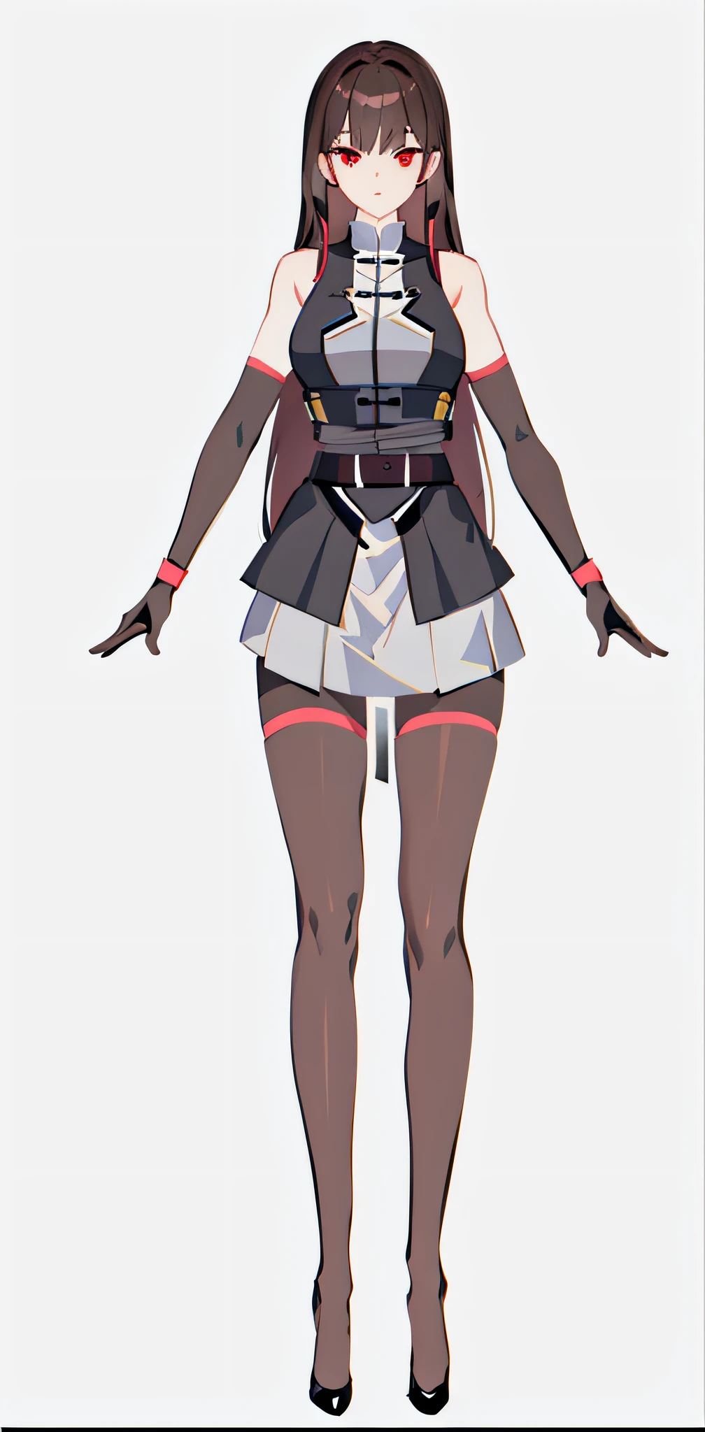 Long dark brown hair, exposed shoulders, black stockings and gloves, red eyes, chinese girl, black sleeveless jacket dress, white short skirt, black belt, black leather shoes, cartoon image of woman in short skirt and jacket, costume design, full body concept, clear costume design, detailed full body concept, full body illustration, single character full body, full body adoptable, anime full body illustration, female costume, full body detail, full body character design, detailed full body concept art, full body costume, new clothing concept design, {high quality}, octane rendering, ultra hd, depth of field, epic, movie, 1 girl, cute face, solo,