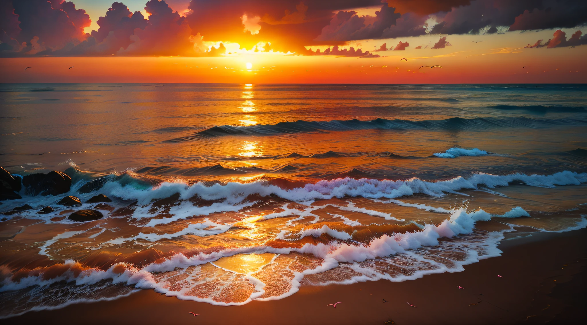 An absolutely mesmerizing sunset on the beach, with a mix of orange, pink, and yellow in the sky. The water is crystal clear, gently kisses the coast, and the white sand is endless. The scene is dynamic and breathtaking, with seagulls soaring high in the sky and palm trees swaying softly. Immerse yourself in the calm atmosphere and let the serenity surround you.