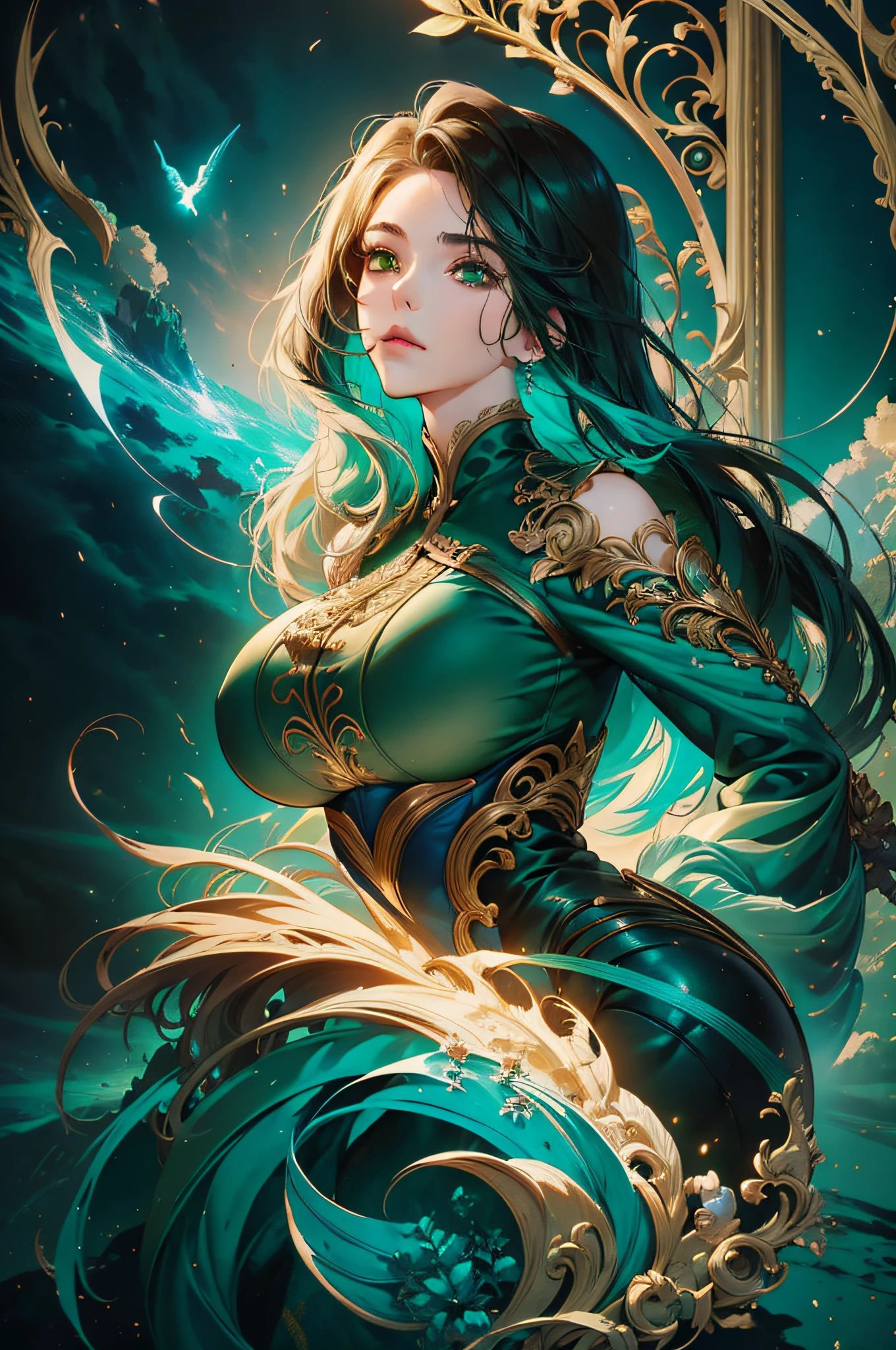 A beautiful girl, 22 years old, sexy theme, perfect face shape, oversize model, mature woman, tall long legs, (((super huge breasts))), (((green eyes))), magical feeling, flight attendant style, flight attendant style clothing, long messy hair, happy, full body, hand details, finger details, beautiful anime Huaifu style girl, super detailed painting, luminescism, art concept art by Kahn Griffith and Vadim Kashin, ethereal A beautiful maiden sitting in cabin background, abstract beauty, standing, close to perfection, pure form, golden ratio, concept art, by Brian Froud, Carne Griffiths, Wadim Kashin and John William Waterhouse, intricate detail, 16k post-production, high resolution, hyperdetail, Artstation trend, sharp focus, studio photos, intricate detail, high detail,