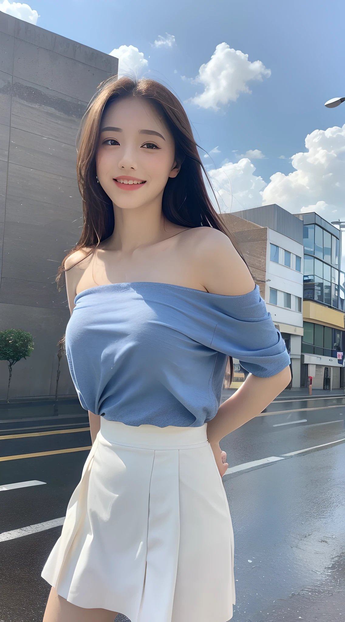 ((Best Quality, 8k, Masterpiece:1.3)), Focus:1.2, Perfect Body Beauty:1.4, Buttocks:1.2, ((Long Hair)), (Wet Clothes:1.1) , (Rain, Street:1.3), Off-the-shoulder slip skirt: 1.1, Highly detailed face and skin texture, Detailed eyes, Double eyelids, Whitened skin, Closed mouth smile, blue sky and white clouds against the background
