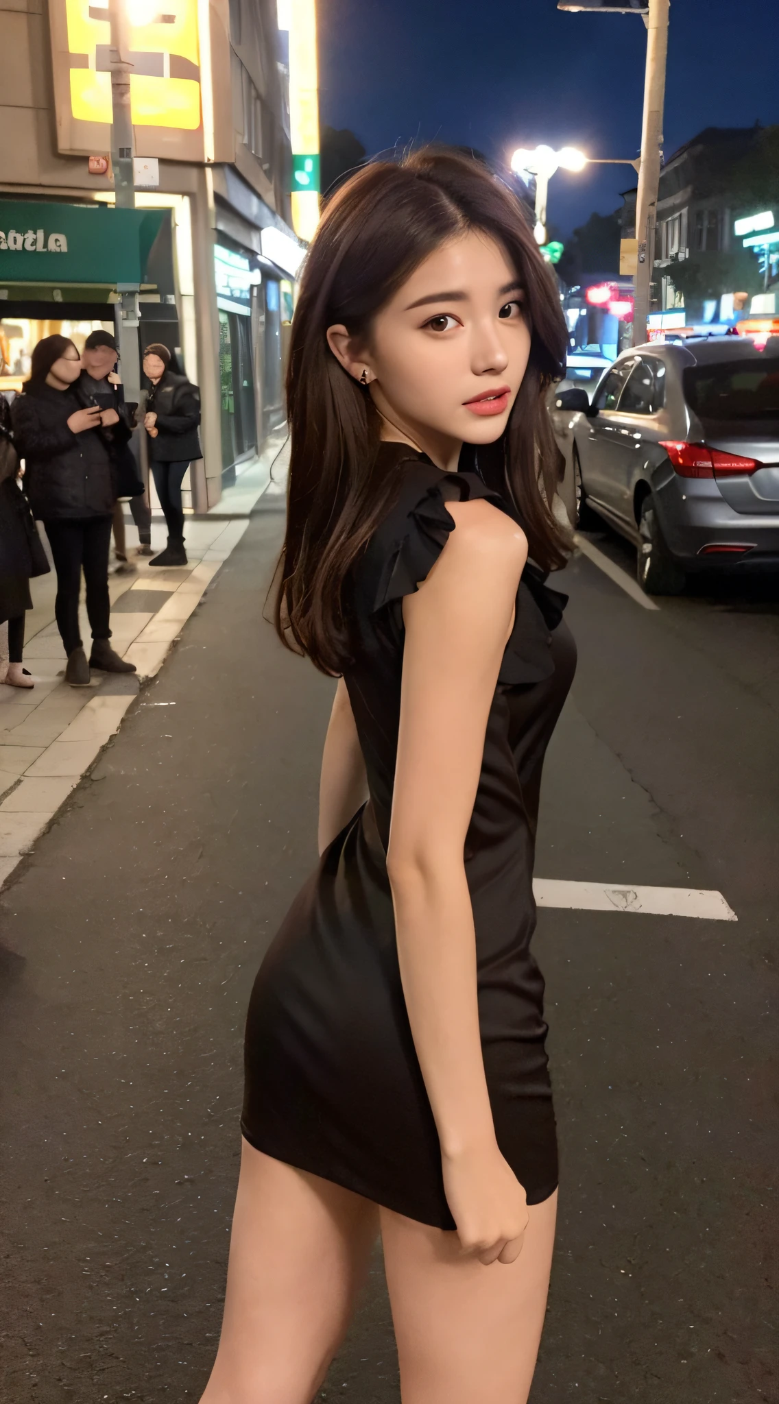 ((Realistic lighting, Best quality, 8K, Masterpiece: 1.3)), Focus: 1.2, 1girl, Perfect Figure: 1.4, Slim Abs: 1.1, ((Dark Brown Hair, )), (Aqua Dress: 1.4), (Outdoor, Night: 1.1), City Street, Super Fine Face, Fine Eyes, Double Eyelids,