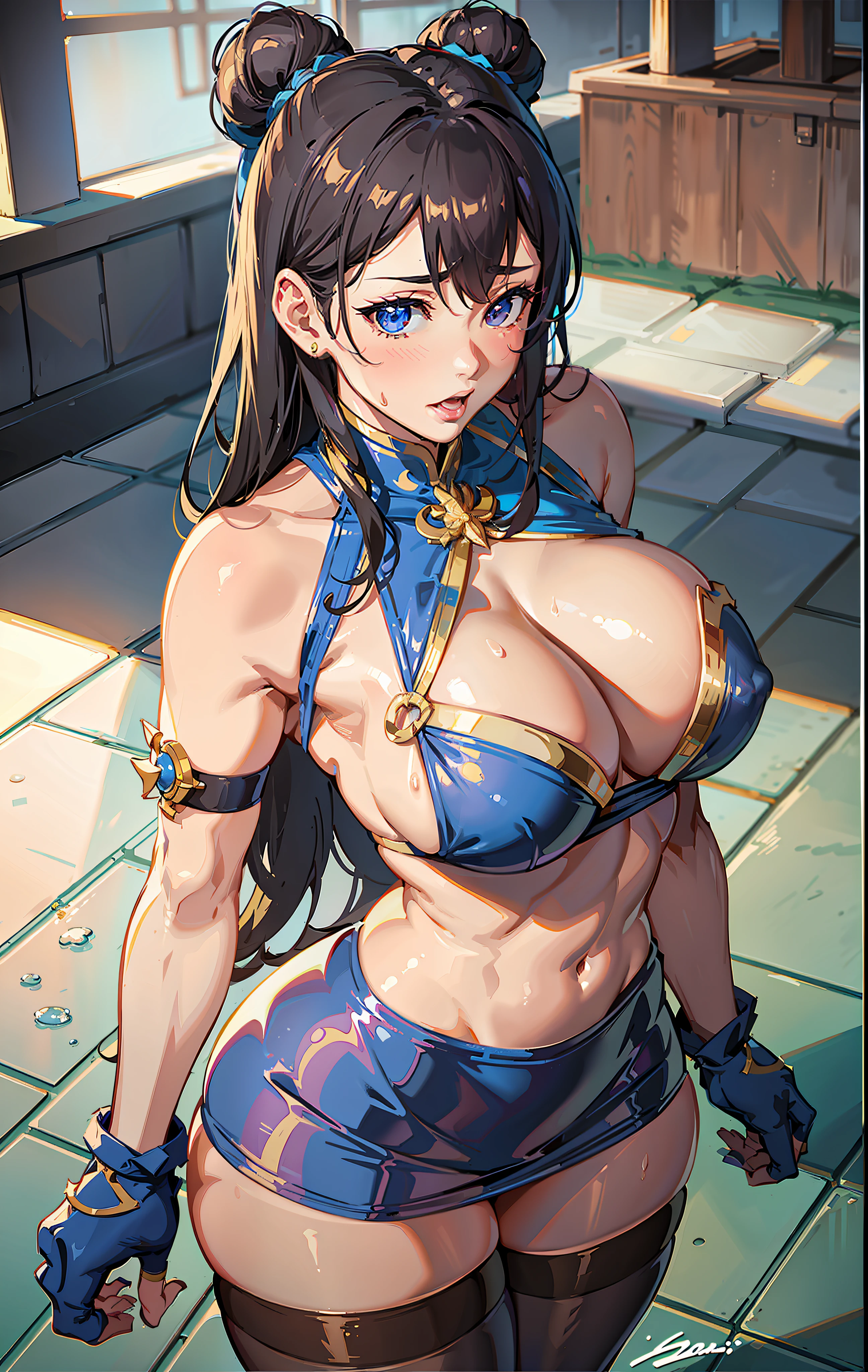 Chun Li from street fighter 6, pantyhose, tights, Unreal Engine 5, Ultra HD, 8K, Best Light and Shadow, White Boots, 1girl, 30 years old, mature, masterpiece, (thick thigh: 0.7), blush, teasing expression, standard chun-li, perfect face, real skin, chun-li signature move, capcom's chun li, wet body: 1.8