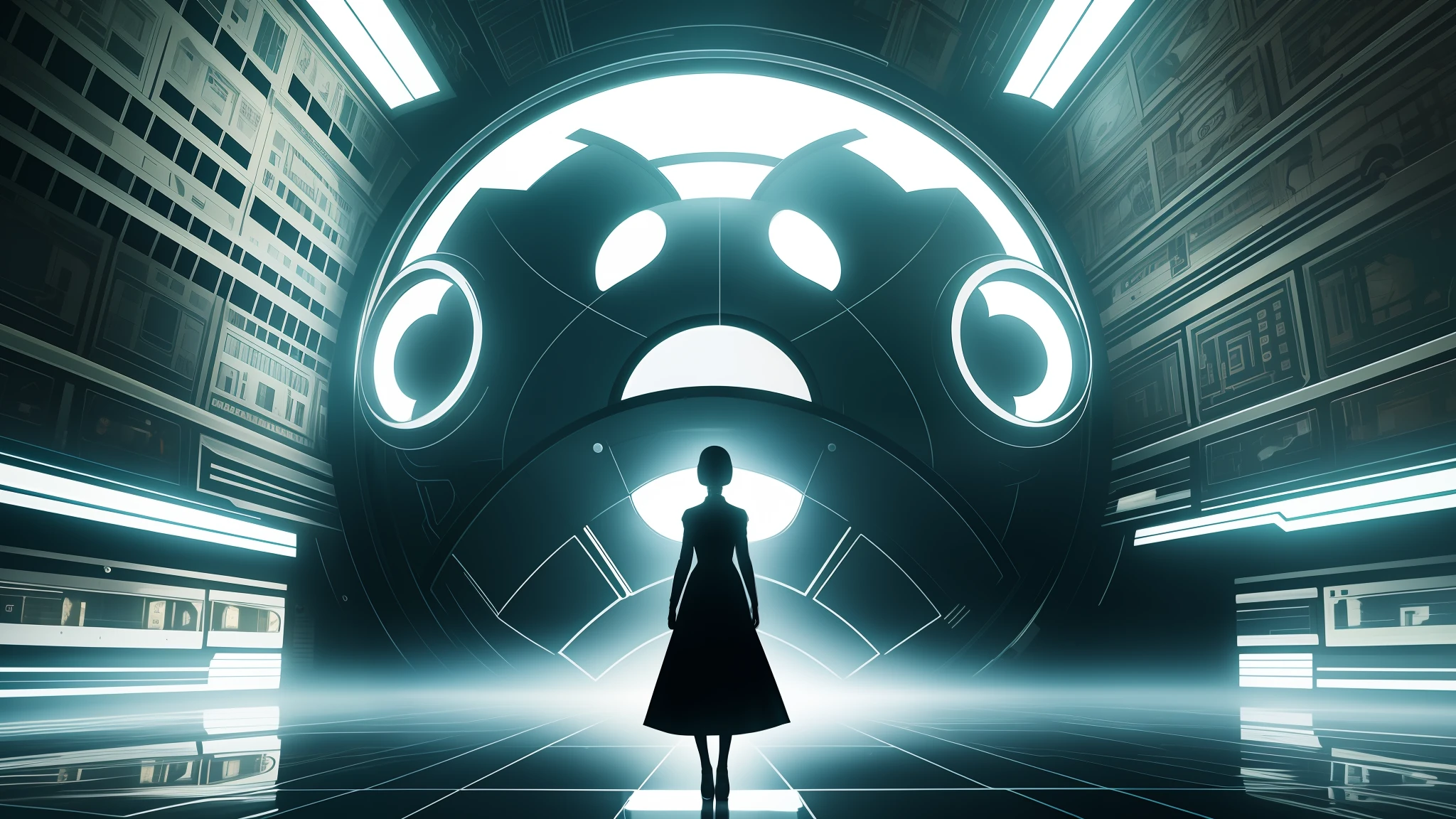 A surrealistic poster film of a woman with a half robotic face, standing in a silhouette of light, is a masterpiece of beauty and reflection, worthy of an award.