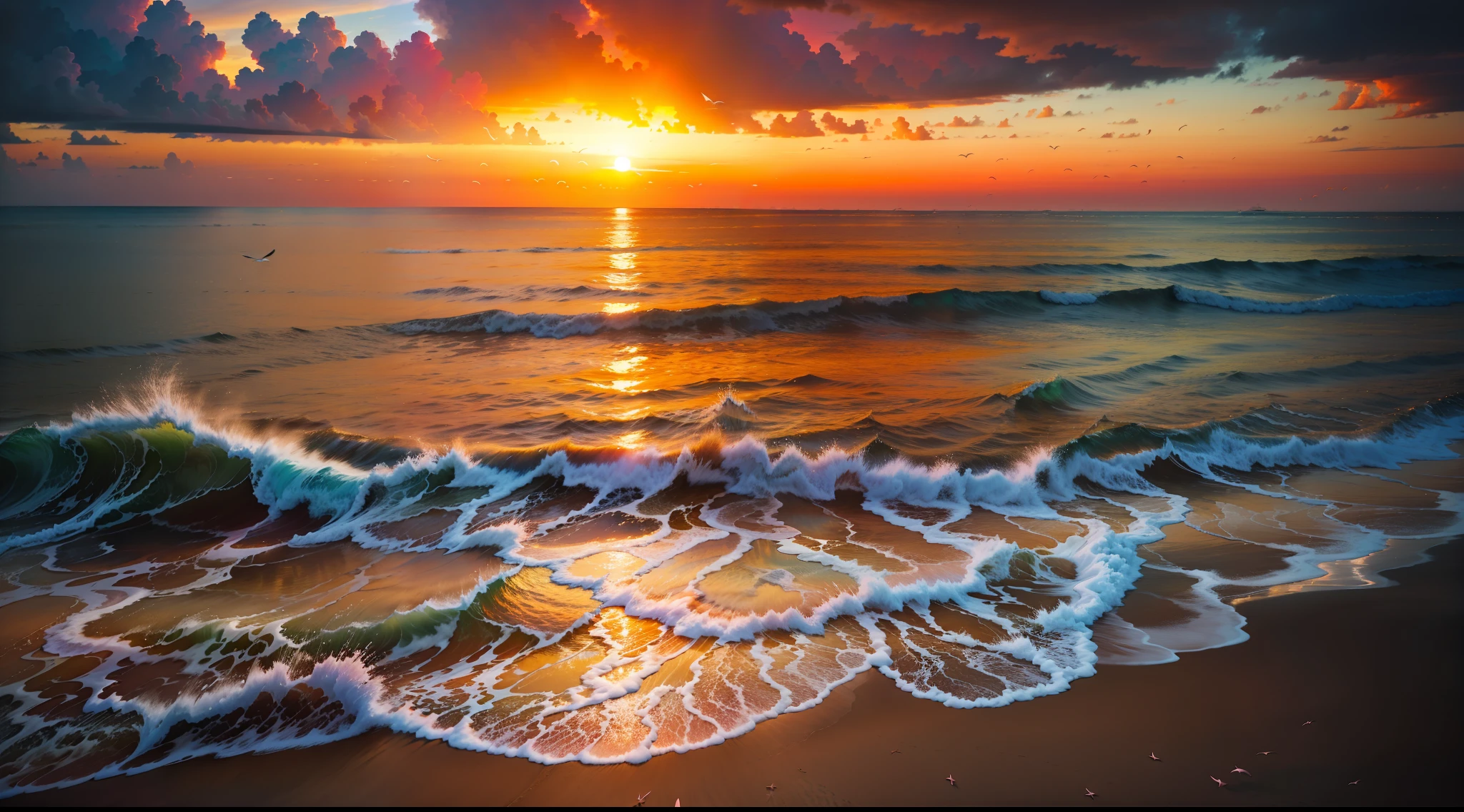 An absolutely mesmerizing sunset on the beach, with a mix of orange, pink, and yellow in the sky. The water is crystal clear, gently kisses the coast, and the white sand is endless. The scene is dynamic and breathtaking, with seagulls soaring high in the sky and palm trees swaying softly. Immerse yourself in the calm atmosphere and let the serenity surround you.