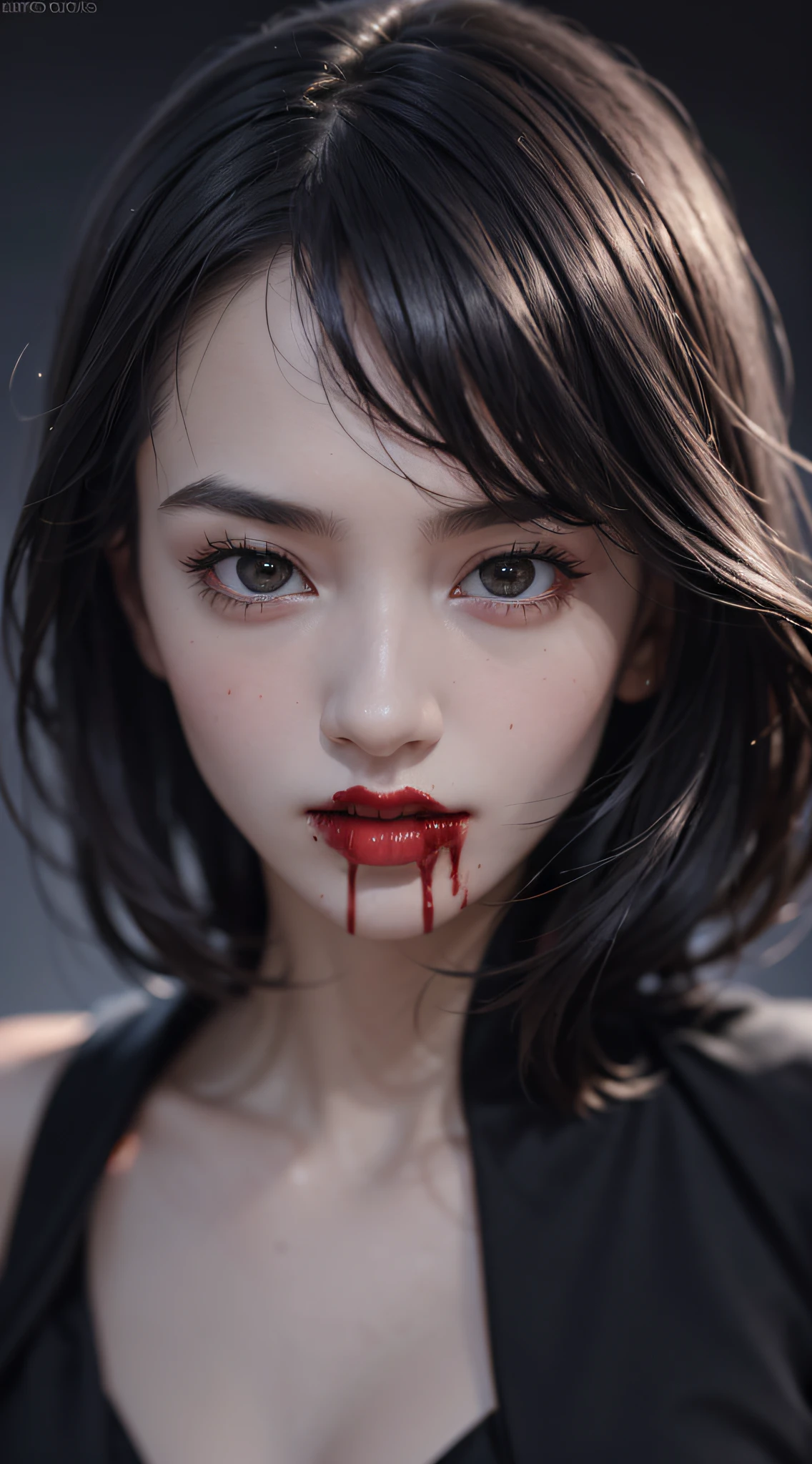 masterpiece, best quality, 8k, absurdres, beautiful girl, (night, upper body, dark background:1.4), (classical dress:1.6), (blood dripping from mouth:1.4), dark studio, rim lighting, two tone lighting, dimly lit, low key, ultra realistic, highres, photography, film grain, chromatic aberration, depth of field, sharp focus, HDR, facelight, dynamic lighting, cinematic lighting, professional shadow, dark shadow, highest detailed, extreme detailed, ultra detailed, finely detail, real skin, delicate facial features, detailed face and eyes, sharp pupils, realistic pupils