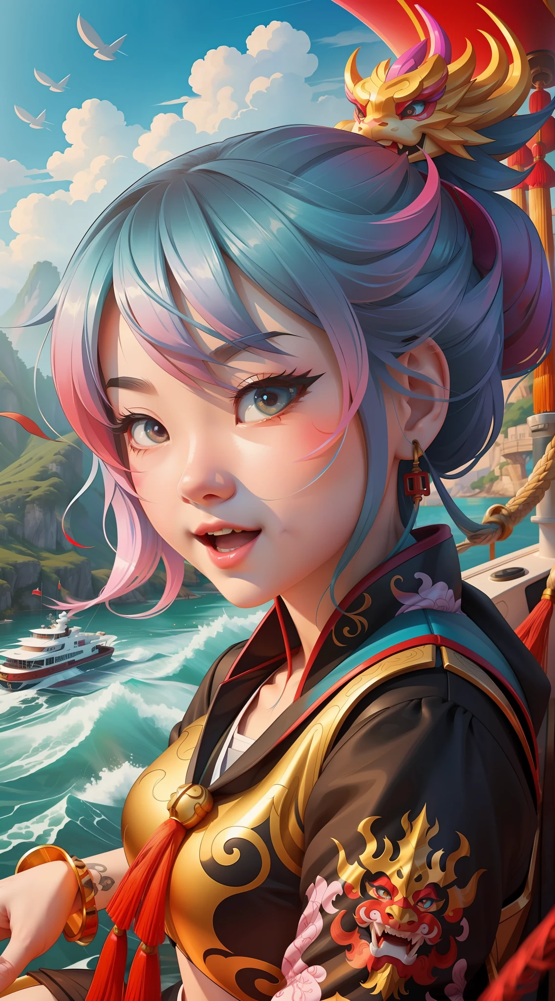 A cute Chinese animated girl is happily sitting on a boat with a colorful Chinese dragon head decorating the bow. The background is set on a wide river. The image features dynamic brushstrokes, official art, bold character design, realistic ultra-details, Chinese punk, vibrant portraits, and cartoon style. This is an 8K high-definition image. --auto --s2