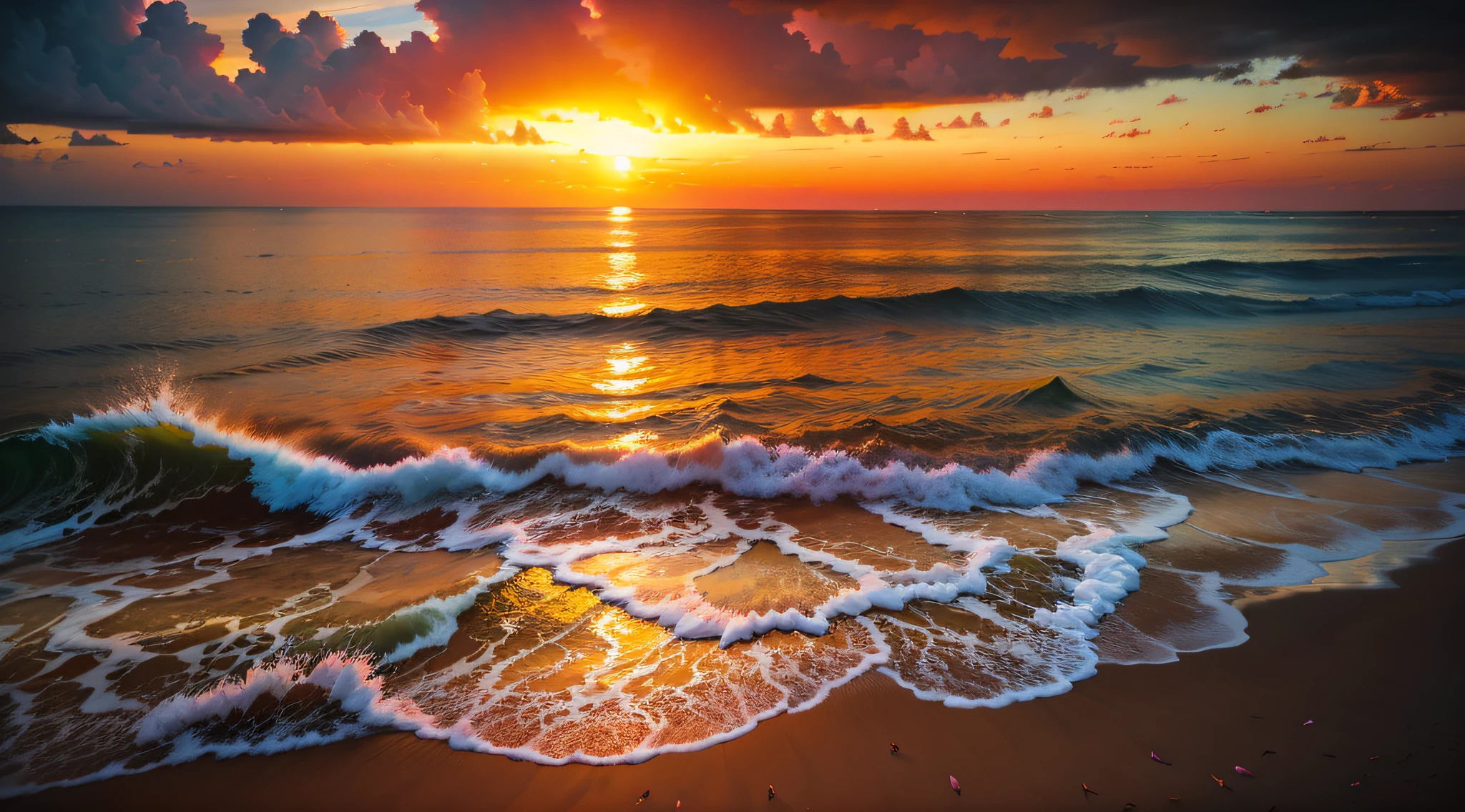 An absolutely mesmerizing sunset on the beach, with a mix of orange, pink, and yellow in the sky. The water is crystal clear, gently kisses the coast, and the white sand is endless. The scene is dynamic and breathtaking, with seagulls soaring high in the sky and palm trees swaying softly. Immerse yourself in the calm atmosphere and let the serenity surround you.