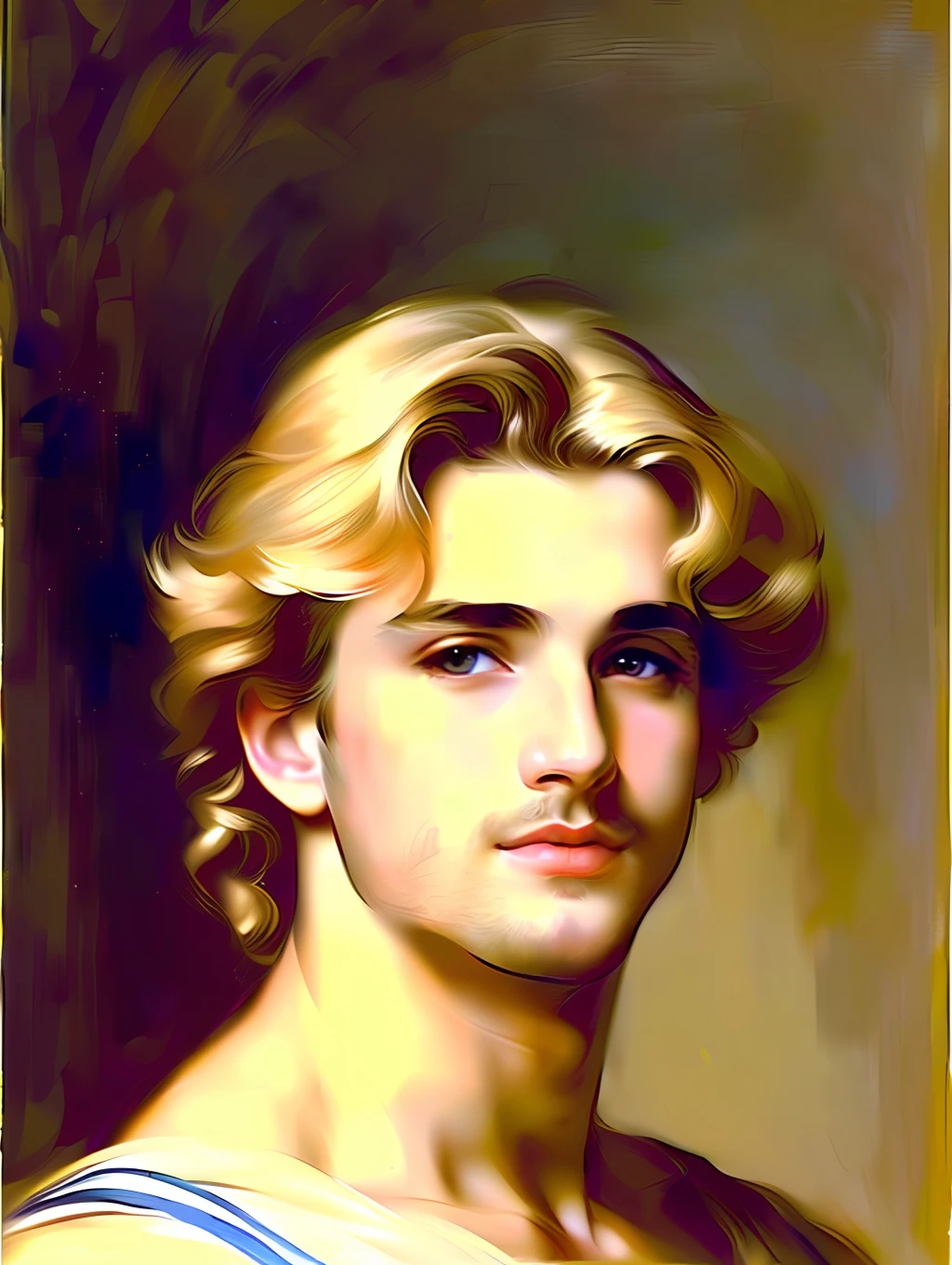 A painted portrait of a fitted Apollo, God of beauty, greek god, greek male beauty, blonde hair, big expressive eyes, big lips, big masculine nose, golden skin, handsome male, young, insanely handsome, upper body, muscular, hairy torso, fantasy, intricate, elegant, highly detailed, digital painting, art station, concept art, soft, sharp focus, illustration, art by John Singer Sargent