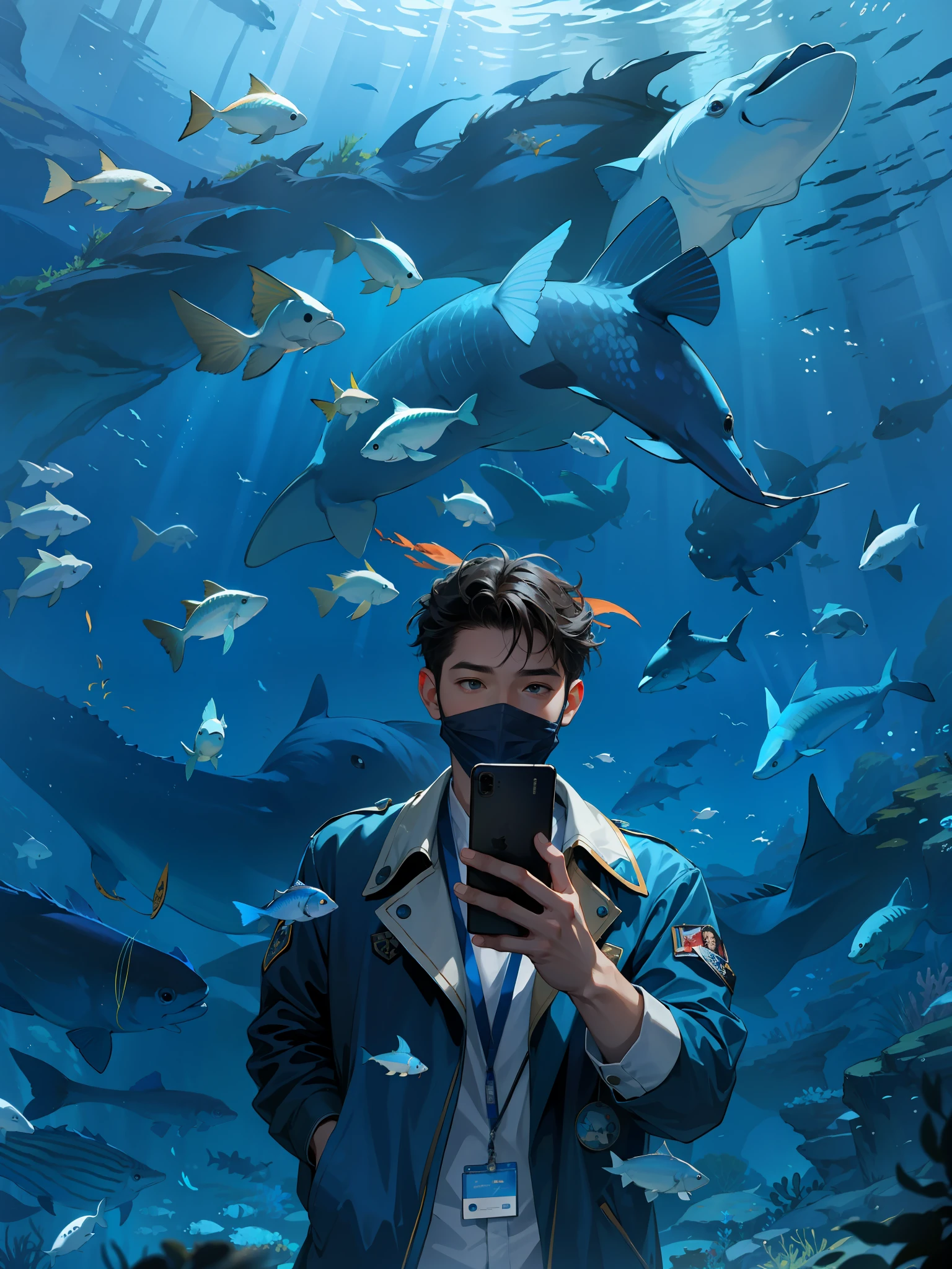 (absurdres,Super-resolution,masterpiece,best quality,finely detailed,absurdres:1.2), dramatic light, dramatic illumination, cinematic, anime scenery, makoto shinkai, ghibli, aquarium, aqua world, fish, whale, fantasy world, magical, beautiful underwater scenery, fish, stingray, jellyfish, (((1boy))), young male, short hair, holding phone, attractive male, handsome boy, blue jacket, lanyard, id card, hand holding phone, underwater scenery, glowing, dramatic glow, cinematic lighting, face mask
