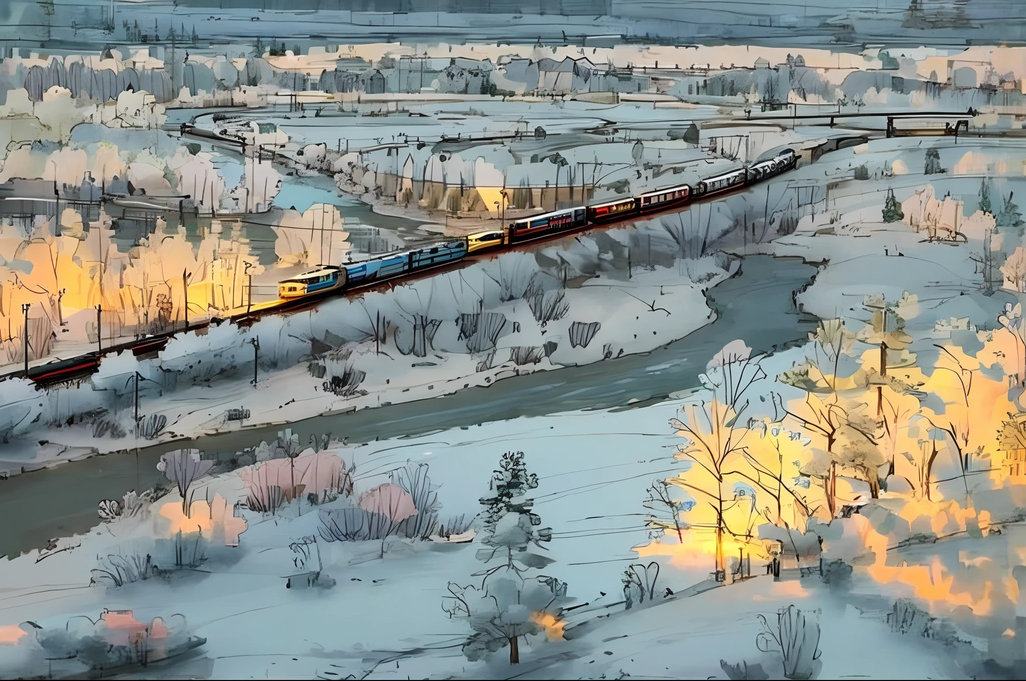 There is an electric train running on the rails by the river, a Russian landscape, an electric train, detailed landscapes, very, very beautiful landscapes, a beautiful landscape, very beautiful landscapes