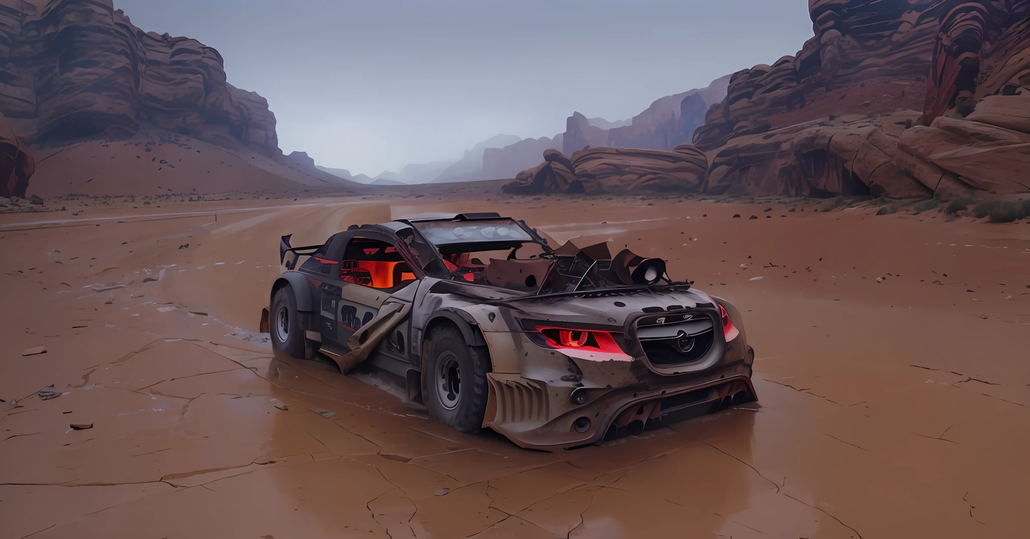 Night, Inside the Red Rock Canyon, Ruins, Dark Cloud, Many Broken Cars, No People, Rainy Day, ((Apocalyptic)), (Masterpiece:1.3), (best_quality:1.3), (ultra_detailed:1.3), 8K, extremely_clear, Realism, (Ultra-Realistic:1.3),((The car rides on the viewer)) , Big dust from the wheels, ((Rally car))
