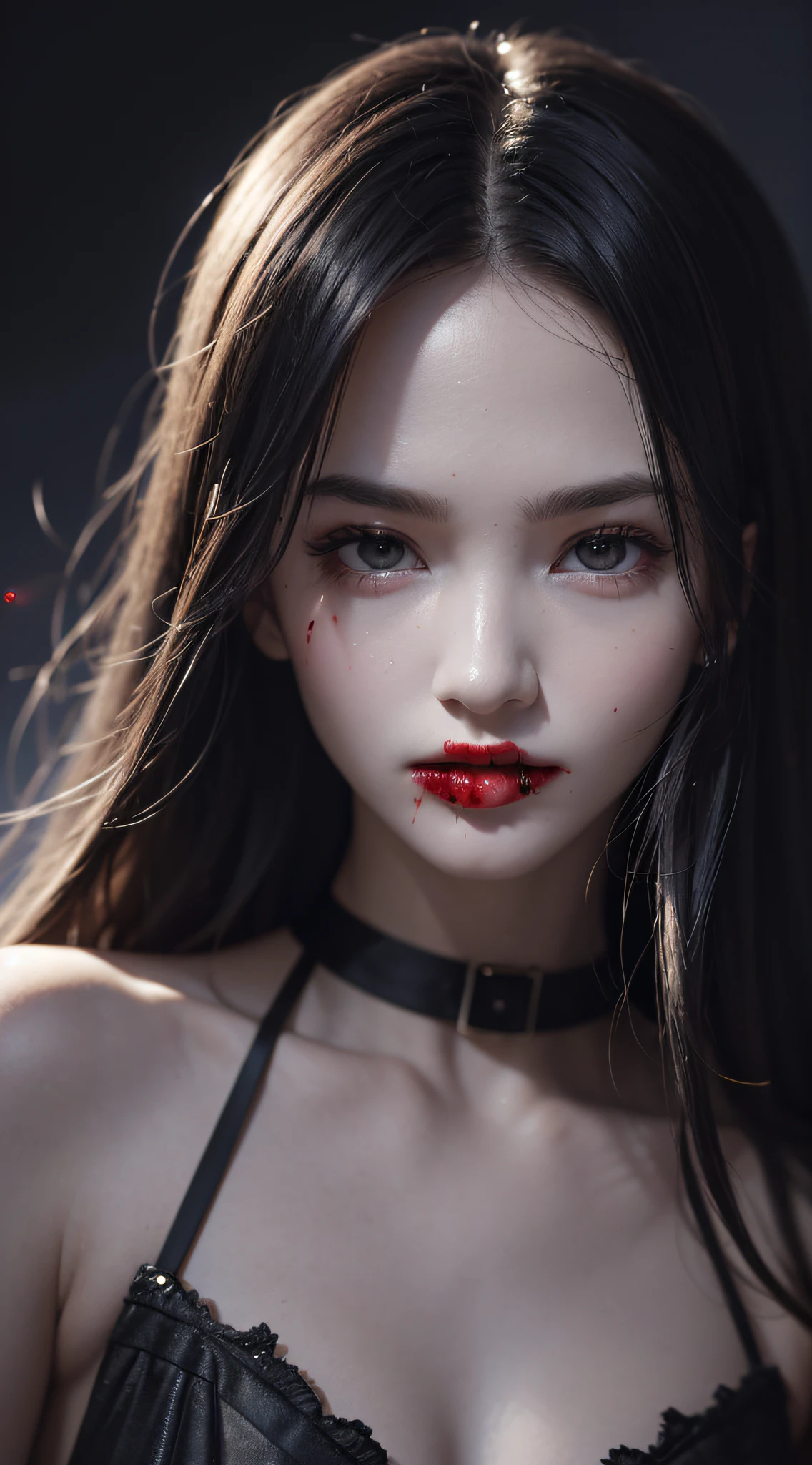 masterpiece, best quality, 8k, absurdres, beautiful girl, (night, upper body, dark background:1.4), (classical dress:1.6), (blood dripping from mouth:1.5), dark studio, rim lighting, two tone lighting, dimly lit, low key, ultra realistic, highres, photography, film grain, chromatic aberration, depth of field, sharp focus, HDR, facelight, dynamic lighting, cinematic lighting, professional shadow, dark shadow, highest detailed, extreme detailed, ultra detailed, finely detail, real skin, delicate facial features, detailed face and eyes, sharp pupils, realistic pupils