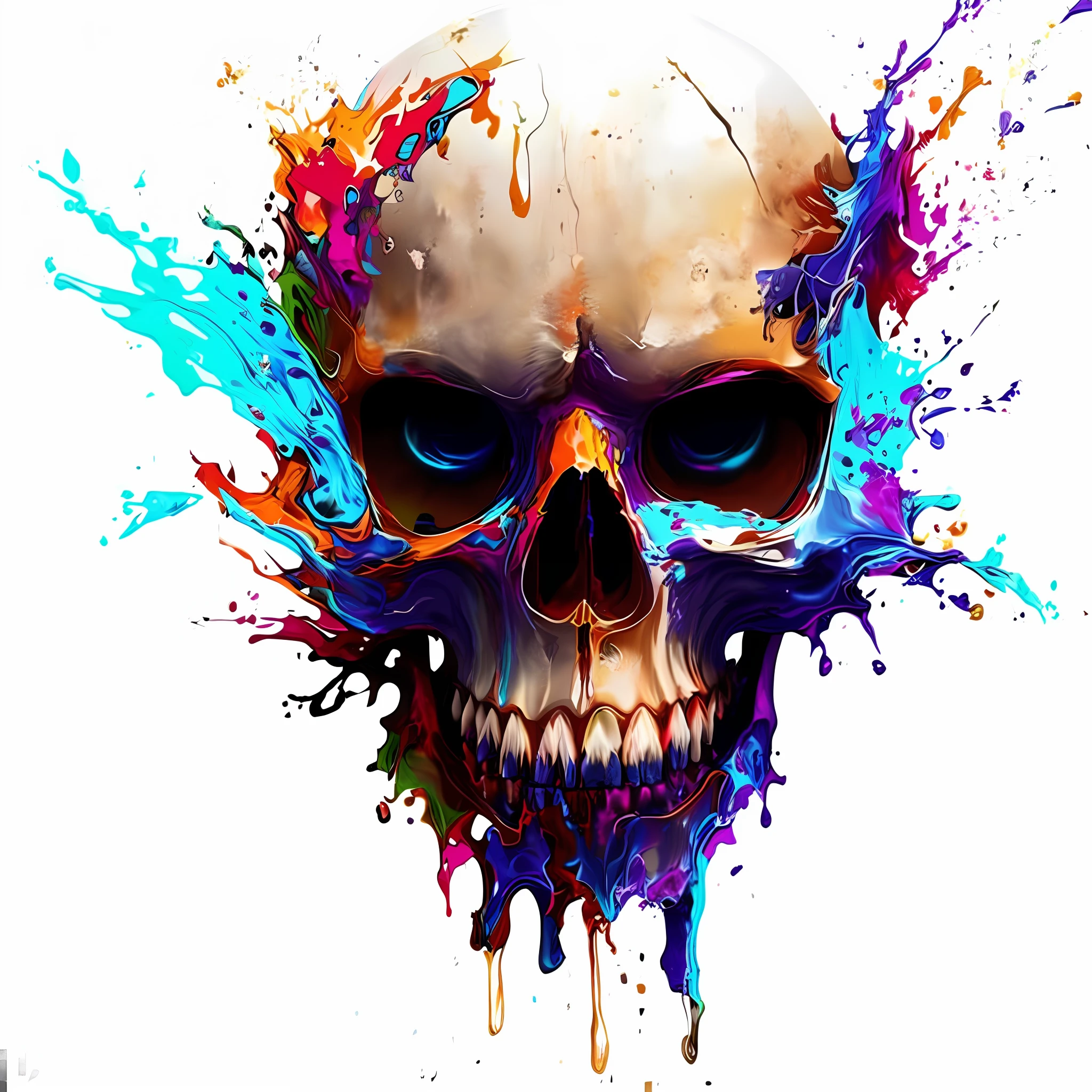 a skull with colorful paint splatters on it's face, skull paint, fantasy skull, horrific digital art, ((skull)), scary color art in 4 k, art of alessandro pautasso, bleeding decaying colors!, morphing skulls, gorgeous digital art, xray melting colors!!, amazing digital art, colorful melting human head, by Ignacio Zuloaga