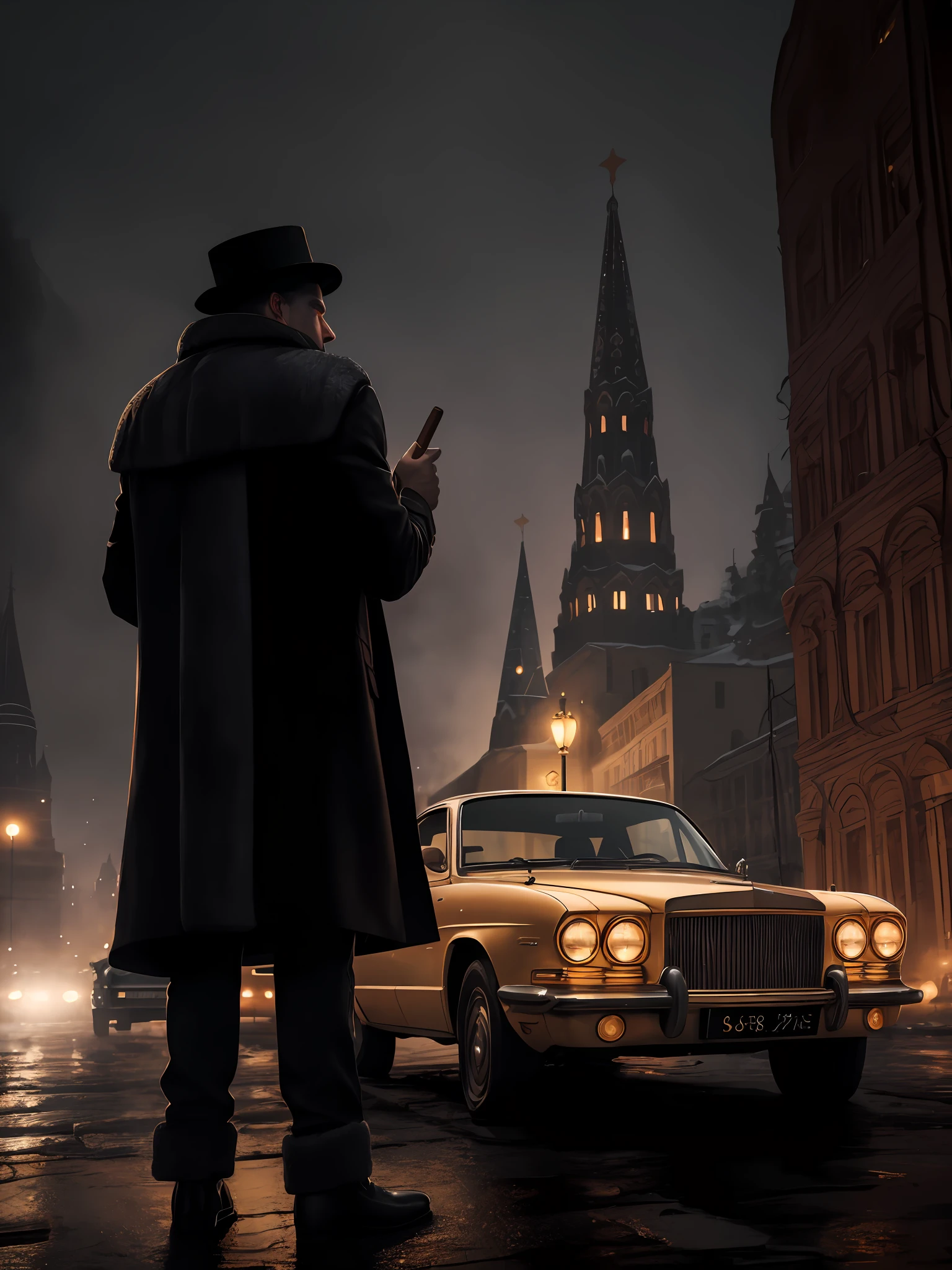 Unique scene, excellent graphics, elaborate details, clear image, excellent realistic image study. In the foreground, an adult Russian man in a fluffy fur coat and a low hat holds a pistol in his left hand and holds a cigar with his right hand. A second younger man, wearing a leather jacket, puts away a lighter. Against the backdrop of the center of Moscow, right behind the heroes is an old luxury car with an open door. Winter, fog, night, cold and warm color.