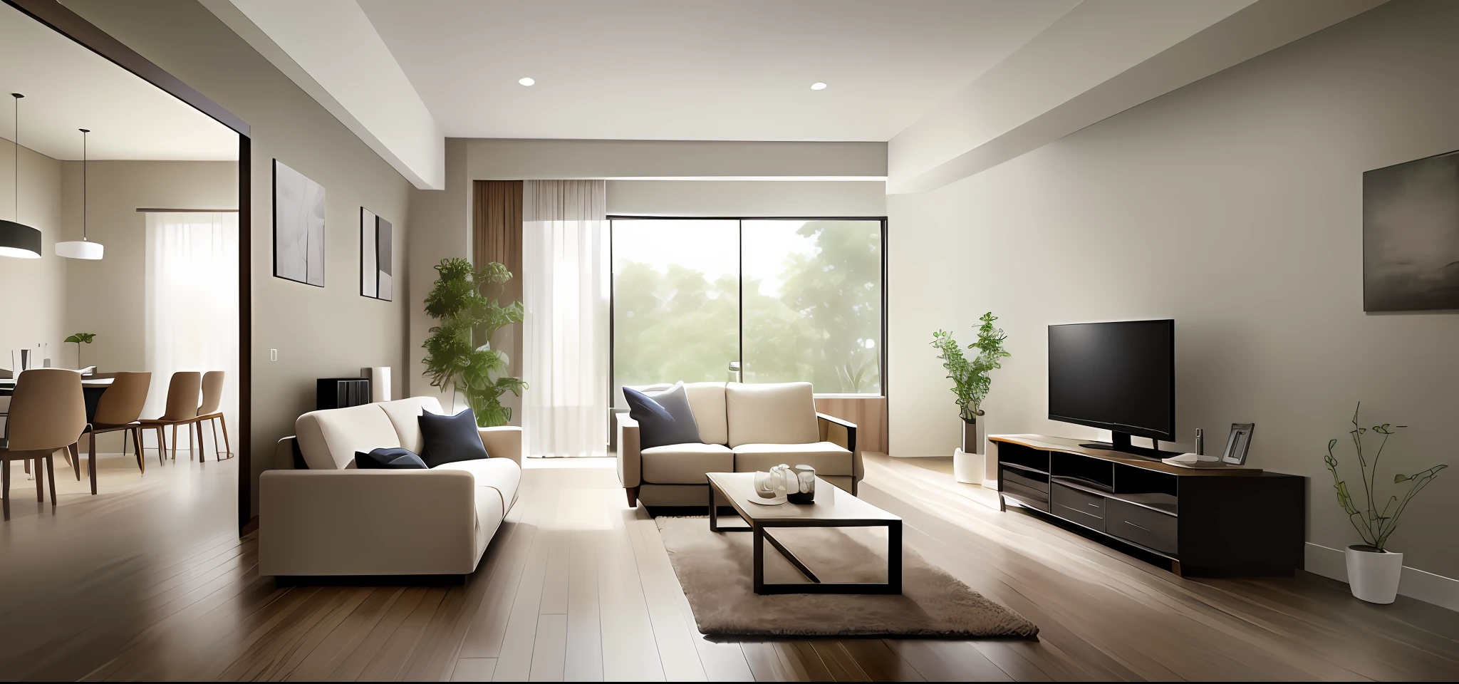 there is a living room with a couch, table, chairs and a television, living room, apartment design, taken with sony a7r camera, modern japanese living room, interior living room, highly detailed interior, modern style, highly photographic render, captured with sony a3 camera, taken with canon eos 5 d, rendered in v-ray, home interior