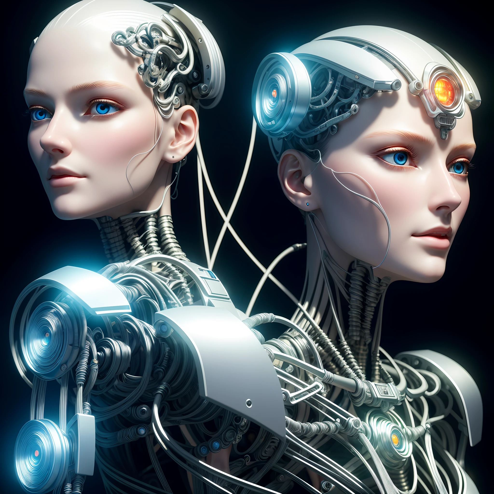 complex 3d render ultra detailed of a beautiful porcelain profile woman android face robotic eyes, cyborg, pointing forward, robotic parts, beautiful studio soft light, rim light, vibrant details, cyberpunk luxurious, lace, hyperrealistic, anatomical, facial muscles, cables electric wires, microchip, elegant, beautiful background, octane render, style H. R. Giger, 8k, best quality, masterpiece, illustration,  an extremely delicate and beautiful, extremely detailed, CG, unit, wallpaper, (realistic, photo-realistic: 1.37), amazing, finely detailed, masterpiece, best quality, official art, extremely detailed CG 8k wallpaper unit, absurd, incredibly absurd, robot, halmet silver, full body, seated